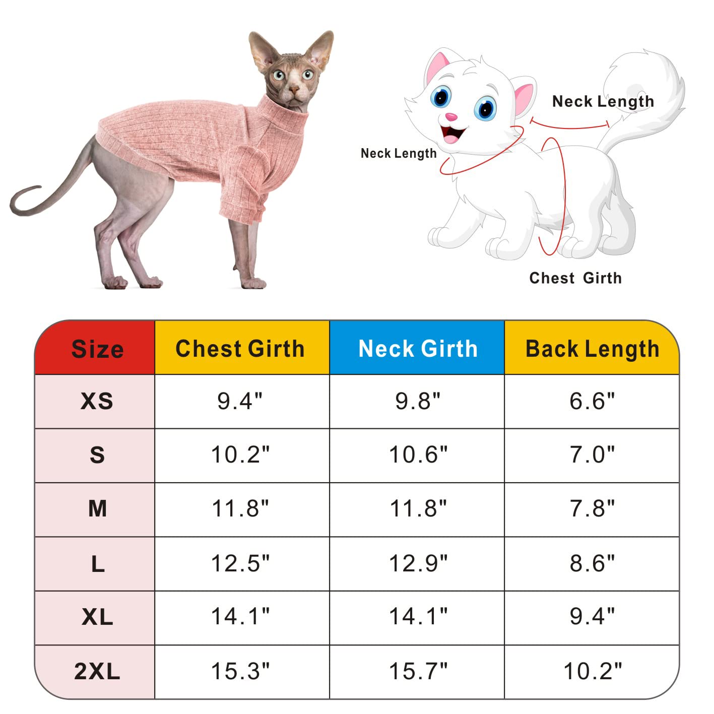 Idepet Sphynx Hairless Cats Sweater Shirt Kitten Soft Puppy Clothes Pullover Cute Cat Pajamas Jumpsuit Skin-Friendly Cotton Apparel Pet Winter Turtleneck For Cats And Small Dogs(Large, Pink)