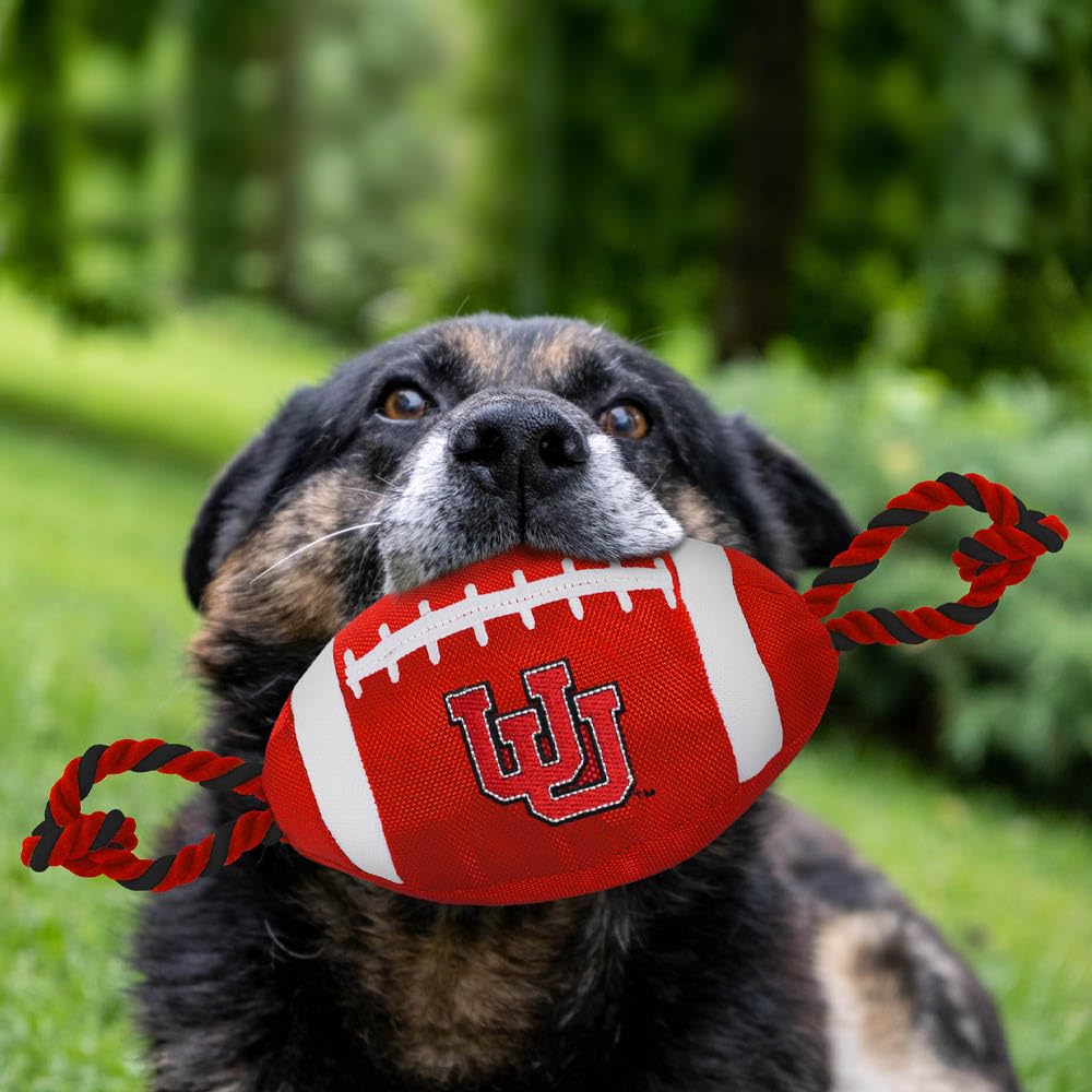 Pets First Utah Football Dog Toy, Tough Quality Nylon Materials, Strong Pull Ropes, Inner Squeaker, Collegiate Team Color