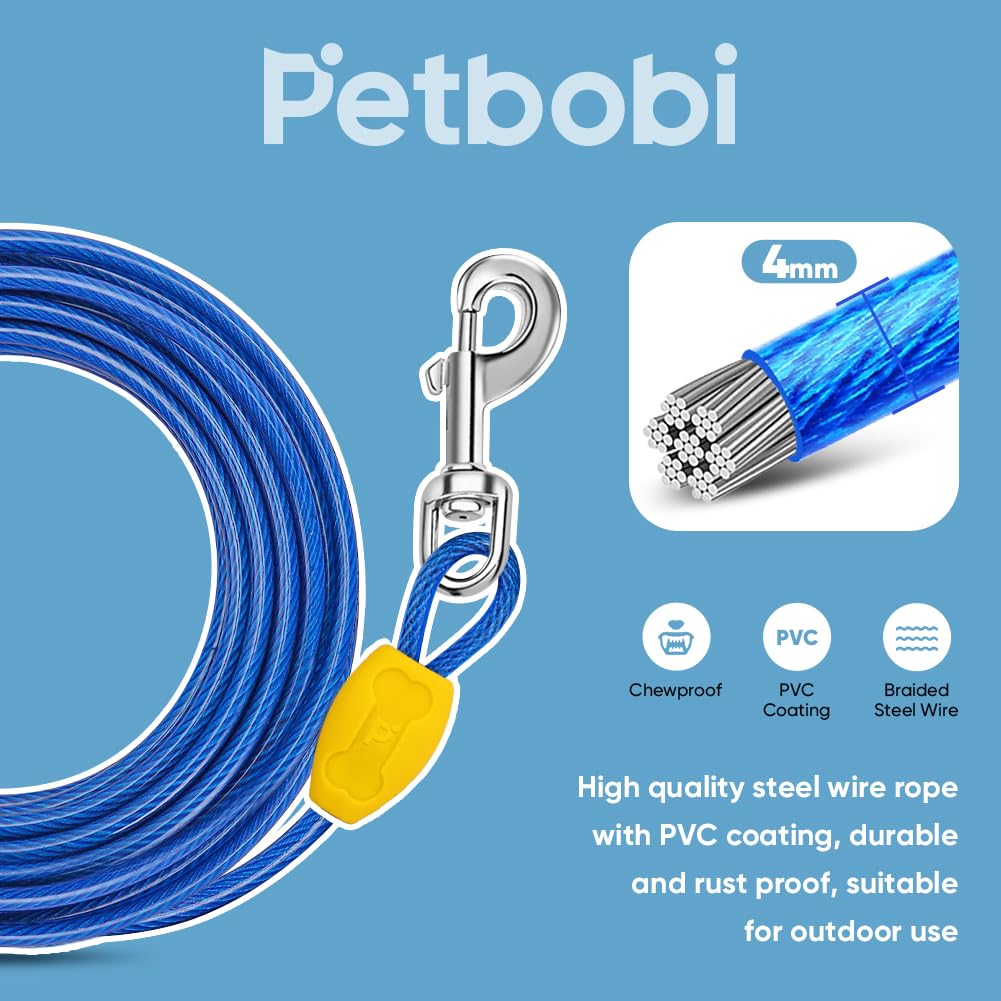 Petbobi Dog Tie-Out Cable 50Ft - Outdoor Leash Metal Cable With Shock Absorbing Spring 360 Swivel Clips, Chain For Dogs Yard Cam