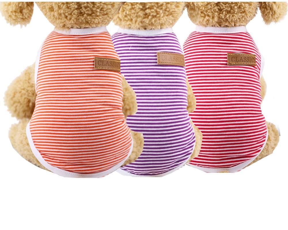 Kutkut Set Of 3 Pcs Striped T-Shirt Puppy Clothes For Small Dogs, Stretchy Summer Cotton Cat Vest Doggy Tee Tank Top For Shihtzu