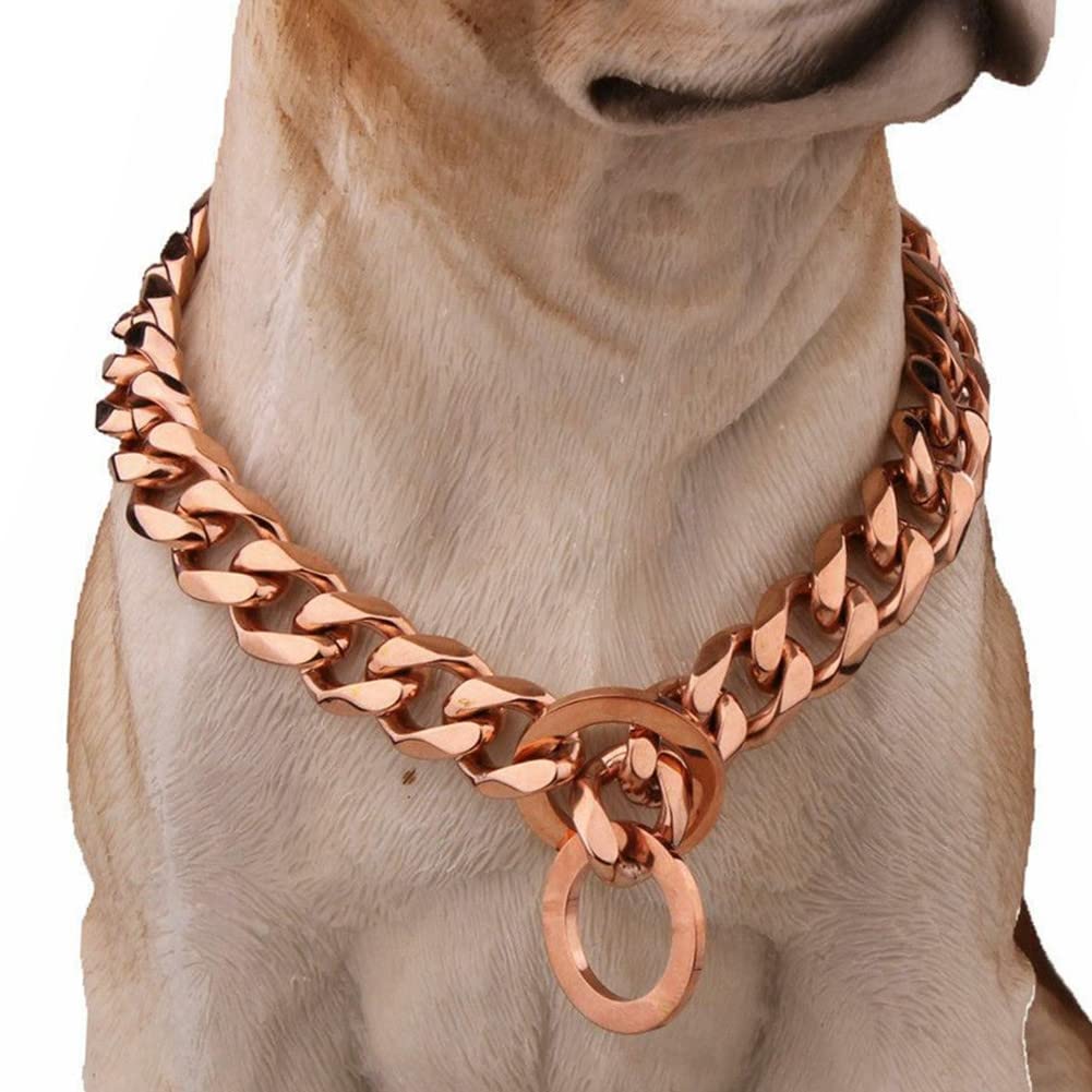 Rumypet Rose Gold Dog Chain Collar 11Mm/15Mm/19Mm Stainless Steel Cuban Link Chain Collar For Small Medium Large Dogs(15Mm,22Inc