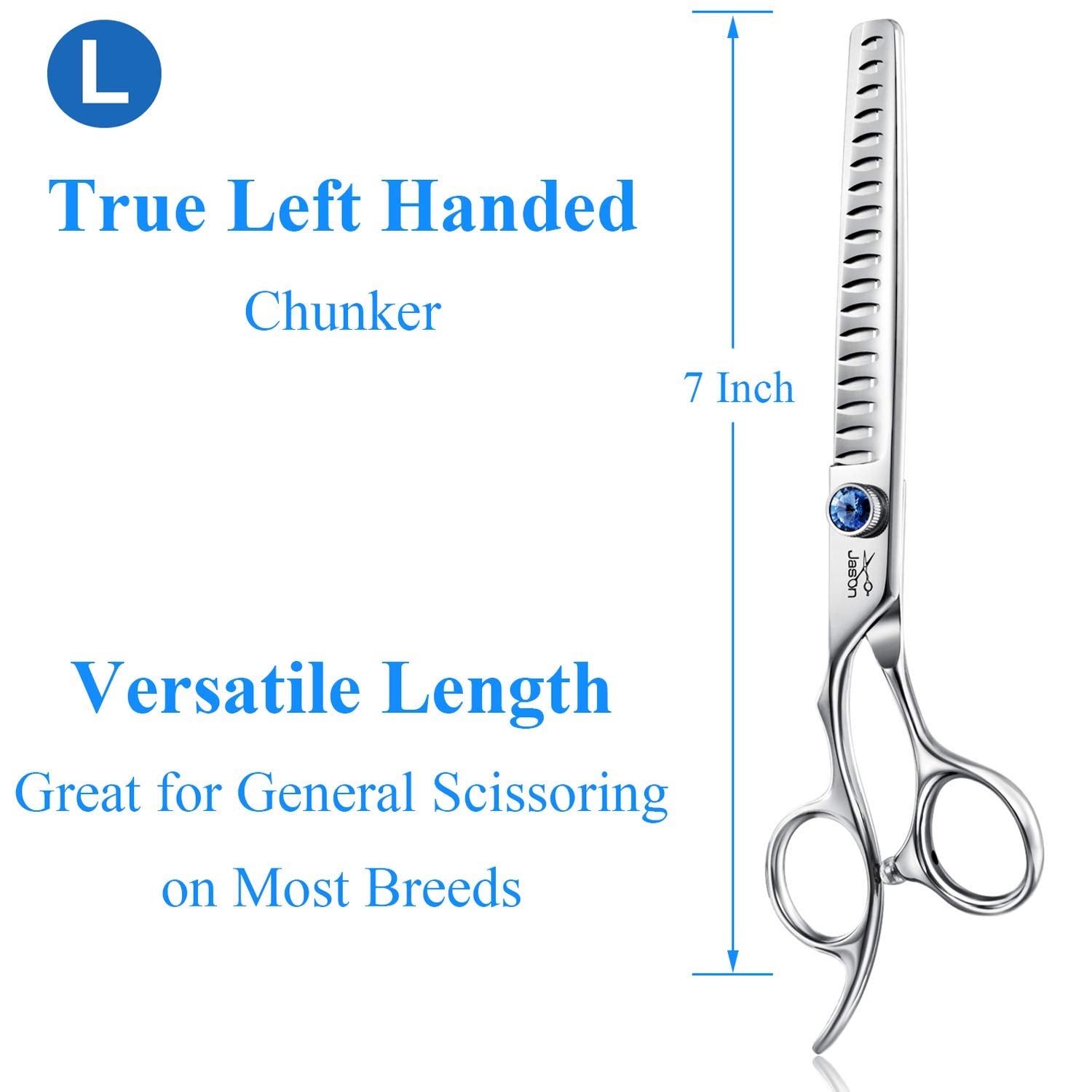 Jason Left Handed 7' 18-Tooth Texturising Dog Grooming Chunkers Scissor, Ergonomic Cats Grooming Shears Pets Trimming Kit With Offset Handle, Sharp, Comfortable Shear