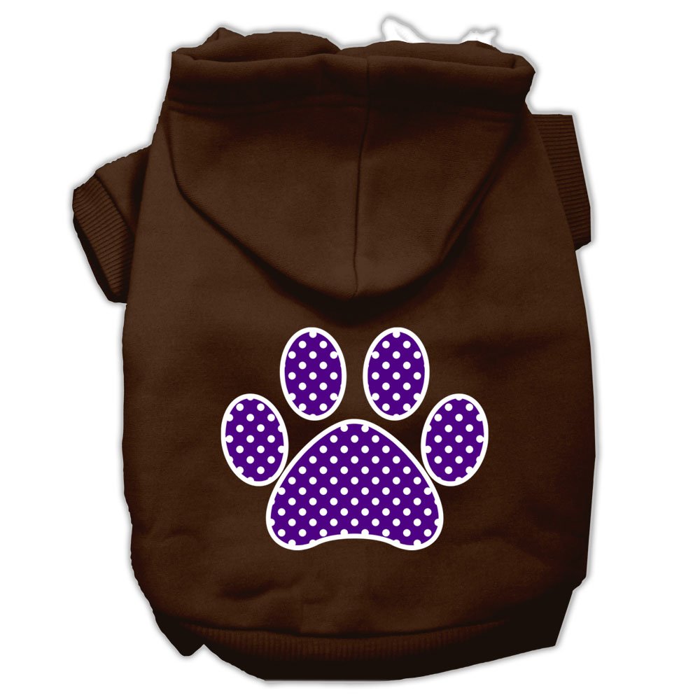 Pet, Dog & Cat Hoodie Screen Printed, 'Purple Swiss Dots Paw' Brown Xs (0-3 Lbs.)