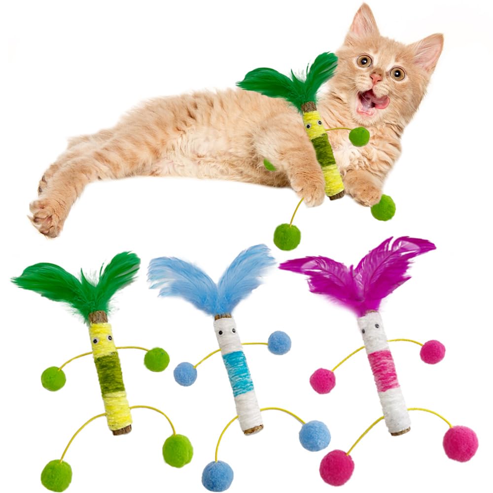 3 Pack Silvervine Sticks For Cats With Feather And Plush Ball,Creative Toy To Kill Time And Keep Fit Interactive ,Dental Toy For