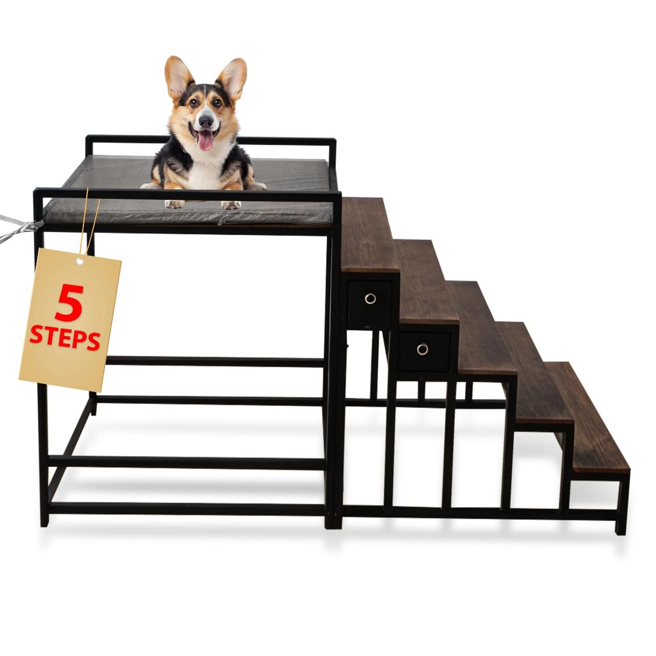Dog Window Perch with 5 Step Dog Stairs, Dog Stairs with Storage for High Beds & Couches, Safe and Sturdy Structure for Small an