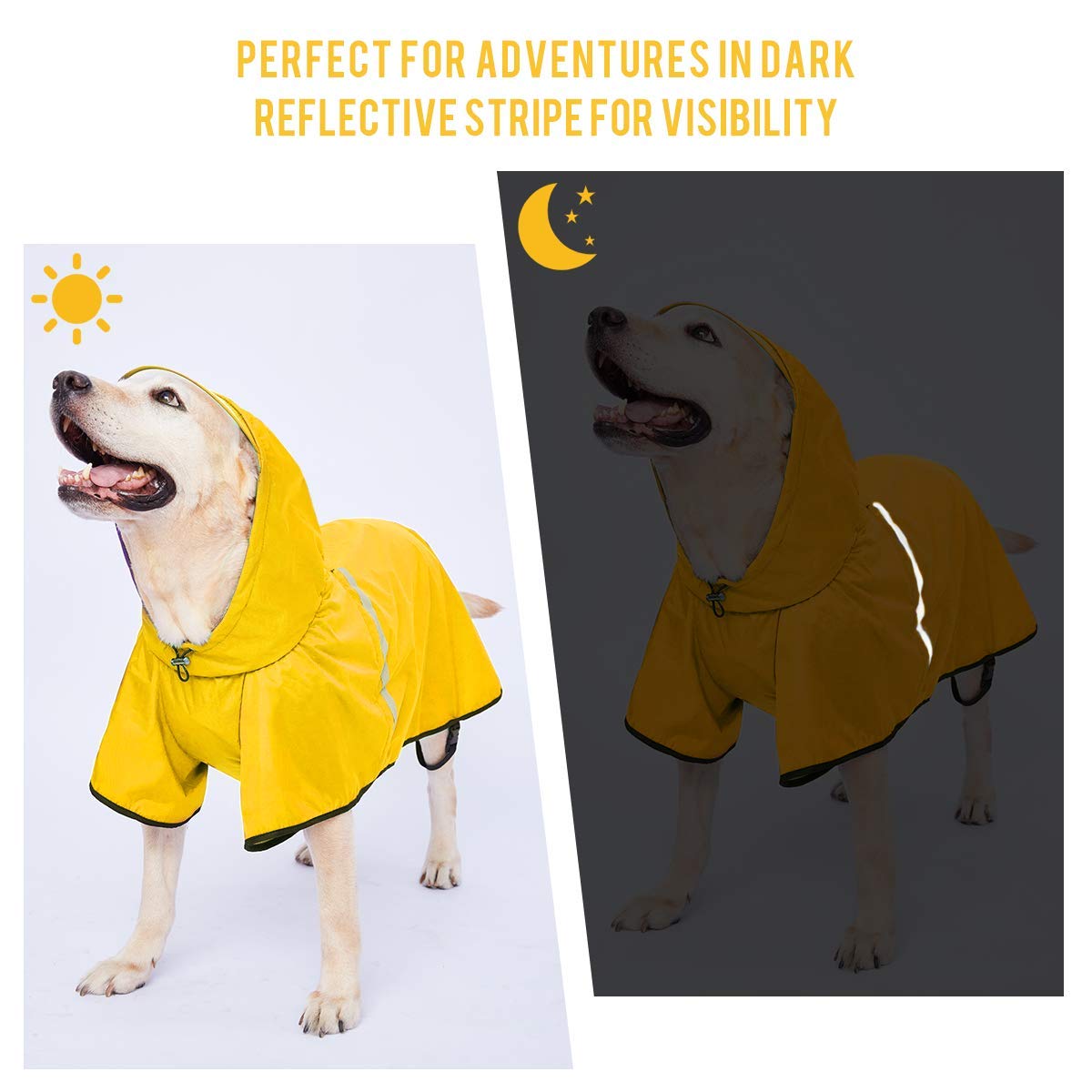 Dog Raincoat With Adjustable Belly Strap And Leash Hole - Hoodie With Reflective Strip - Waterproof Slicker Lightweight Breathab