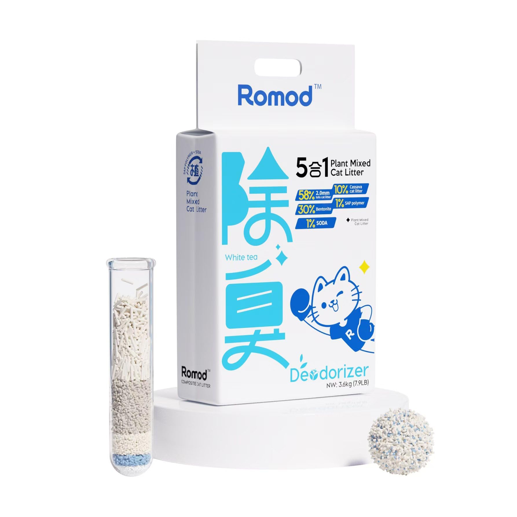 Romod 5-In-1 Tofu Cat Litter, Mixed Cassava, Bentonite, Baking Soda, Sap, Natural Plant, Fast Clumping, Strong Water Adsorption 
