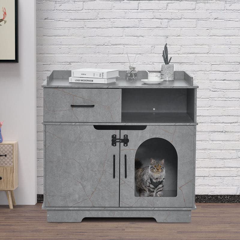 MCombo X-Large Cat Litter Box Furniture Hidden with Drawer, Pet Enclosed Litter Bench, Wooden Hideaway Extra Large Indoor Cat Ho