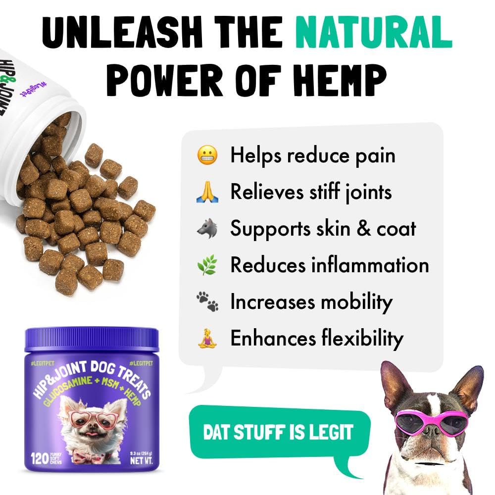 LEGITPET Hemp Hip & Joint Supplement for Dogs - 120 Soft Chews - Glucosamine, Chondroitin, MSM, Turmeric - Natural Pain Relief