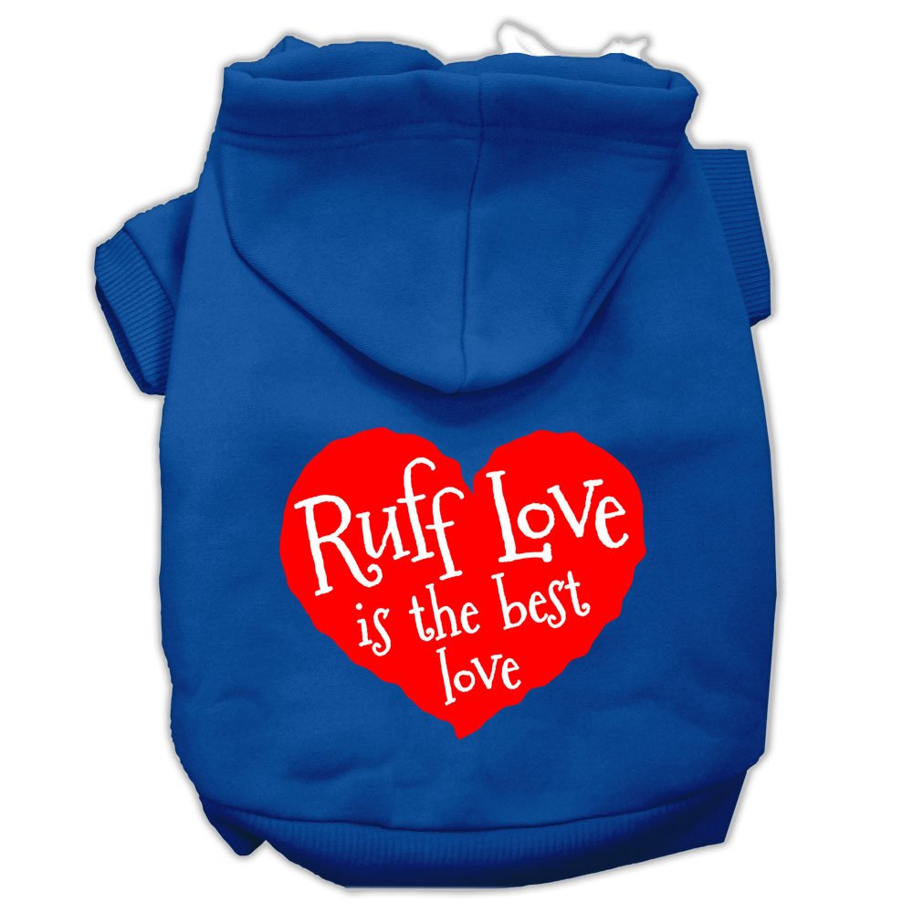 Pet Dog & Cat Hoodie Screen Printed, 'Ruff Love' Blue Xs (0-3 Lbs.)