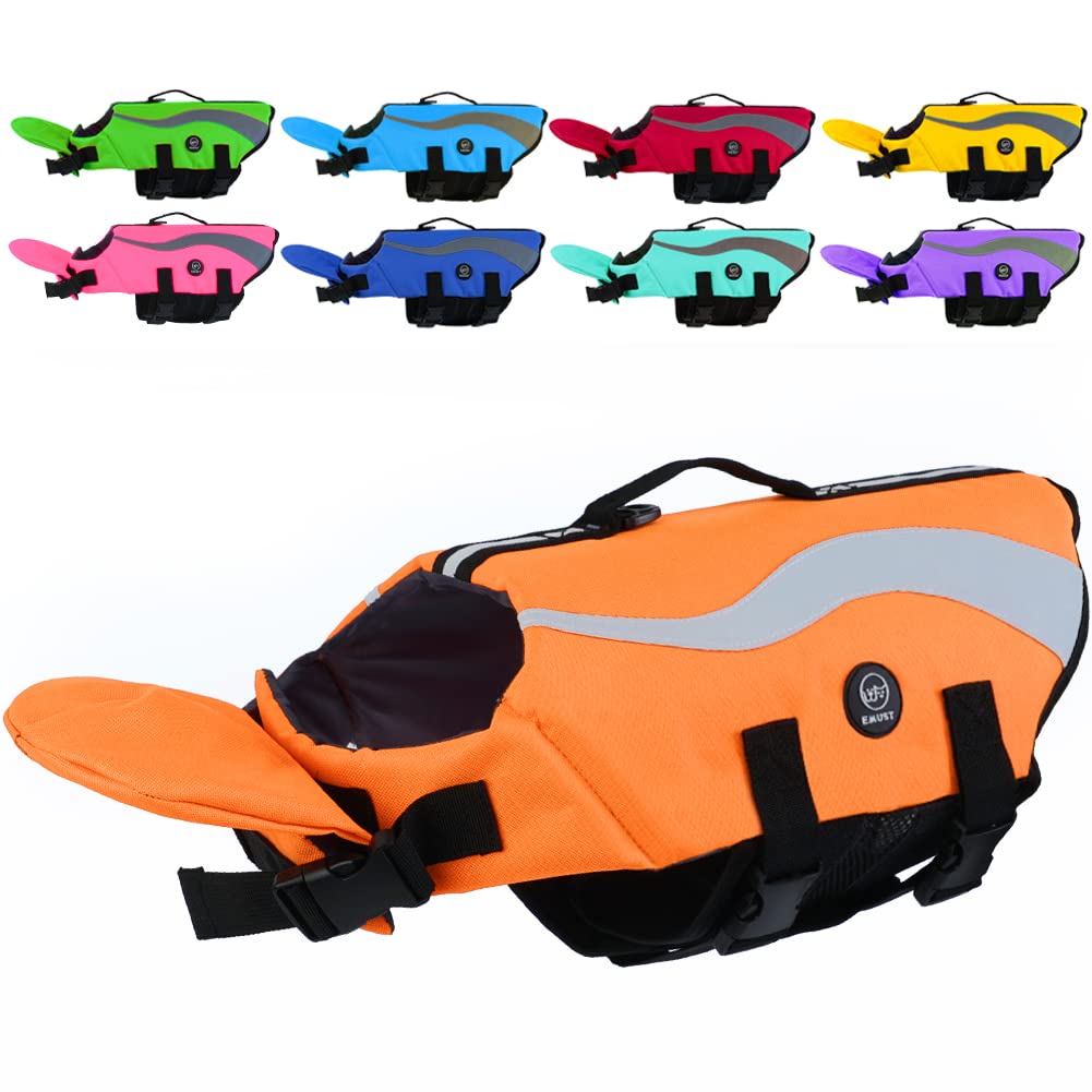 Emust Adjustable Dog Life Jackets For Boat With Front Float, High Visibility Safety Swimsuit, Medium, Orange