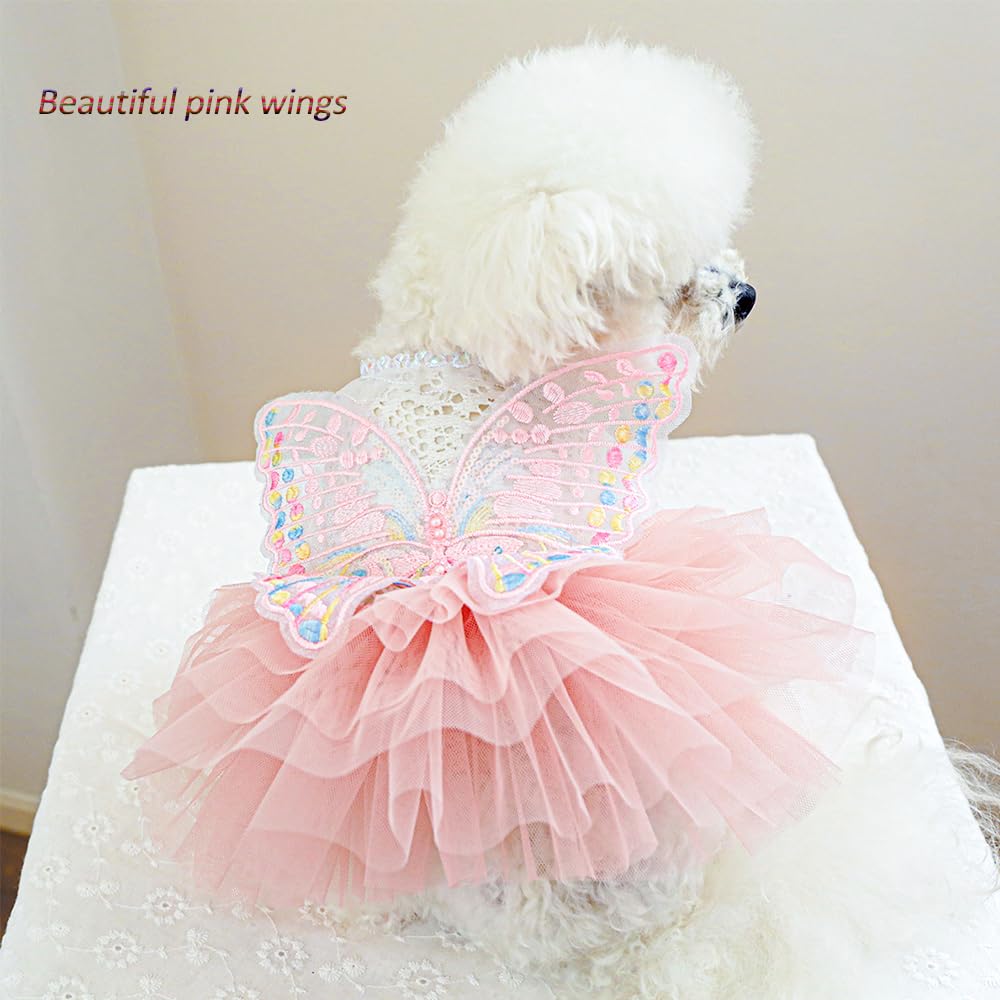 Aniac Butterfly Dog Dress With Pink Tutu Funny Pet Clothes With Wing Girl Puppy Dress For Small Dogs Pet Butterfly Costume Holid
