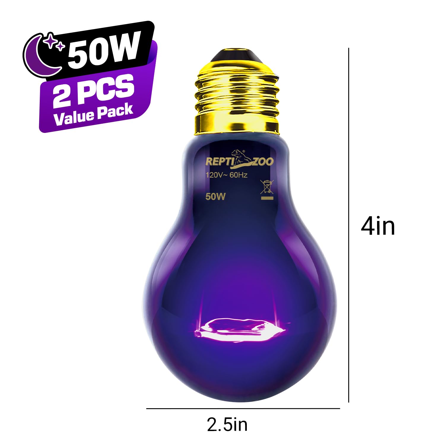 REPTIZOO 2PCS Reptile Night Heat Lamp, 50W Moonlight Heat Bulb Infrared Heating Lamp Purple Reptile Heat Lamp Night Bulb for Bea