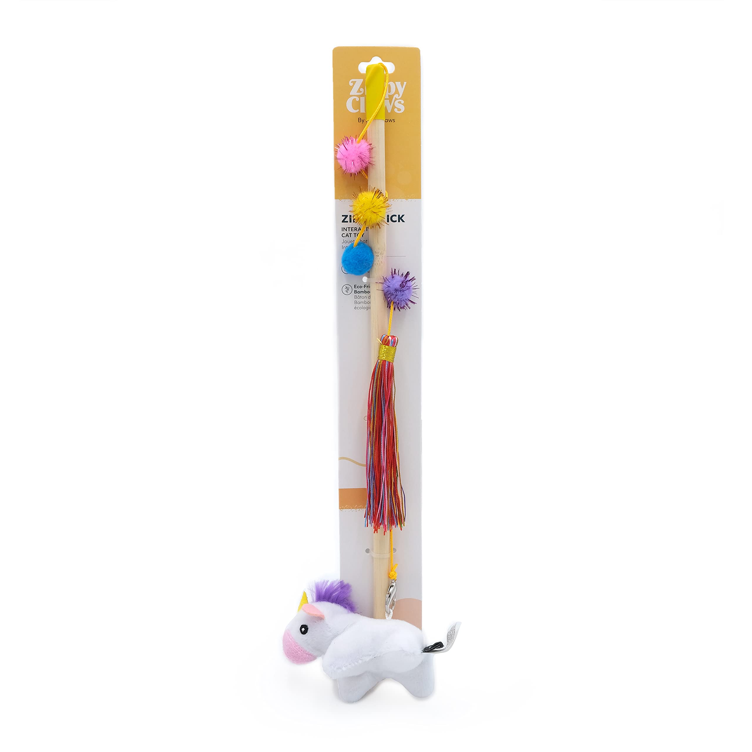 Zippyclaws Unicorn Zippystick - Interactive Cat Toy Wand For Indoor Cats & Kittens, Cute Kitty Toys For Boredom, Fun Teaser Stick With Feathered Tassles & Plush Dangling Toy