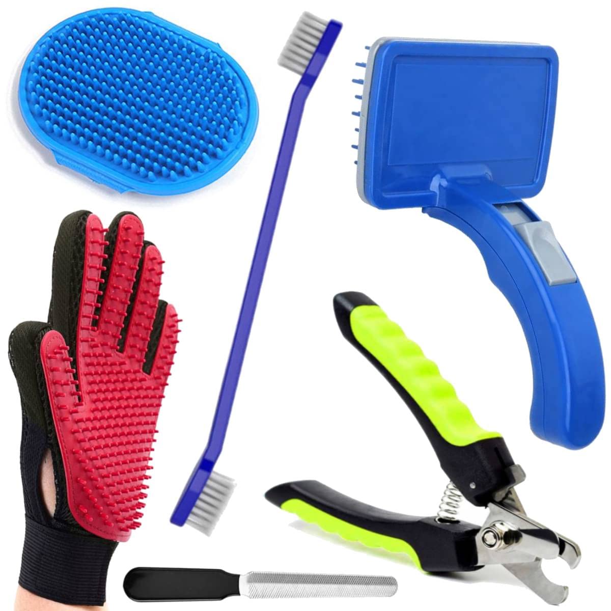 Woofy Combo 6 In 1 Dog Grooming Kit Hand Glove Bath Brush + Toothbrush + Slicker Bath Brush + Nail Cutter + Nail Filler + Pet Se