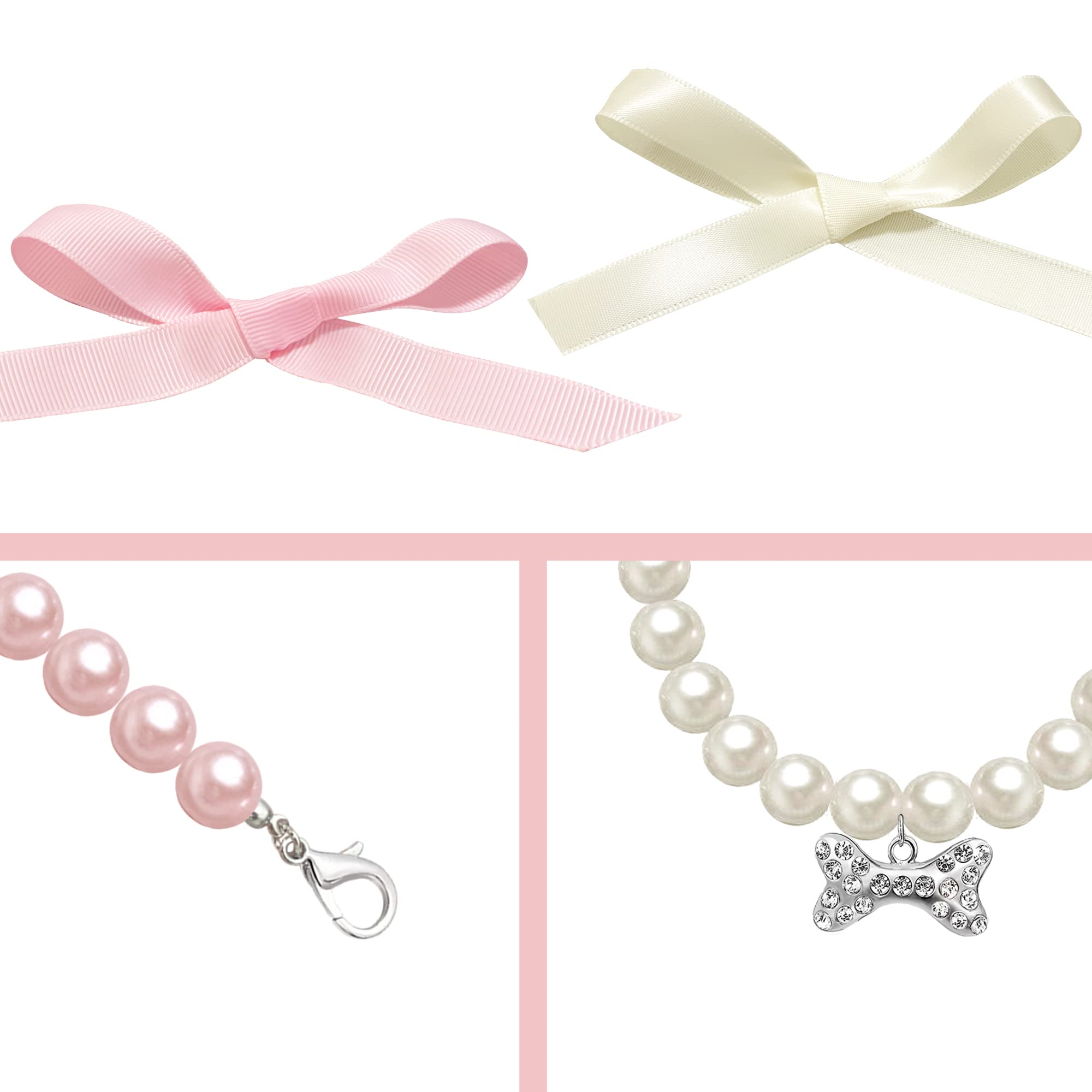 Casidoxi 2 Pcs Dog Cat Pearl Collar Necklace With Rhinestone Bone, Fancy Cat Wedding Collar Jewelry For Girl Cat Puppy Dogs Accessories(Pink+White)