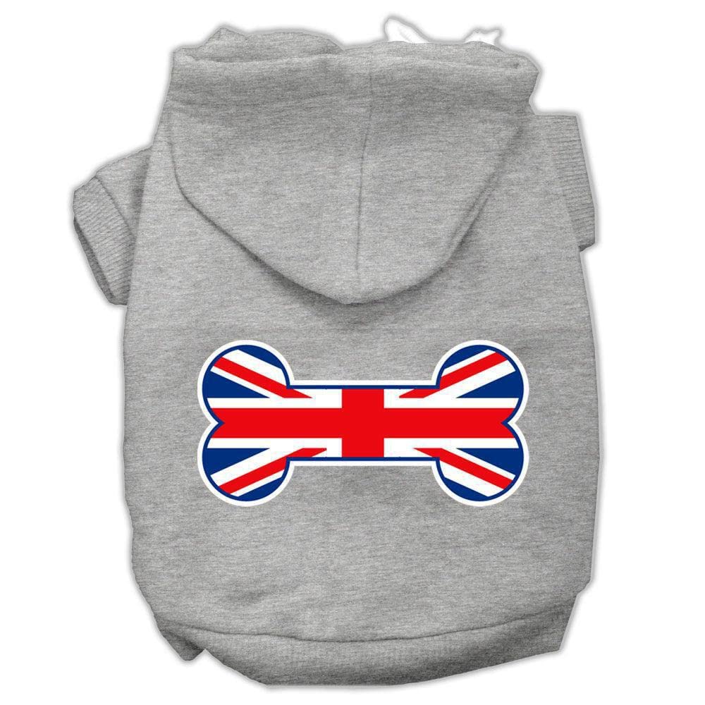 Pet, Dog & Cat Hoodie Screen Printed, 'Bone Shaped Flag United Kingdom (Union Jack) Flag' Gray Xl (14-20 Lbs.)