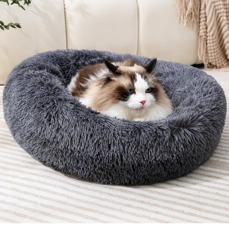Round Dog Bed Fluffy Cat Bed Small Dog Bed Pet Bed Calming Donut Cat Bed Round Puppy Bed Calming Pet Bed Suit For 8Kg Dog And Ca