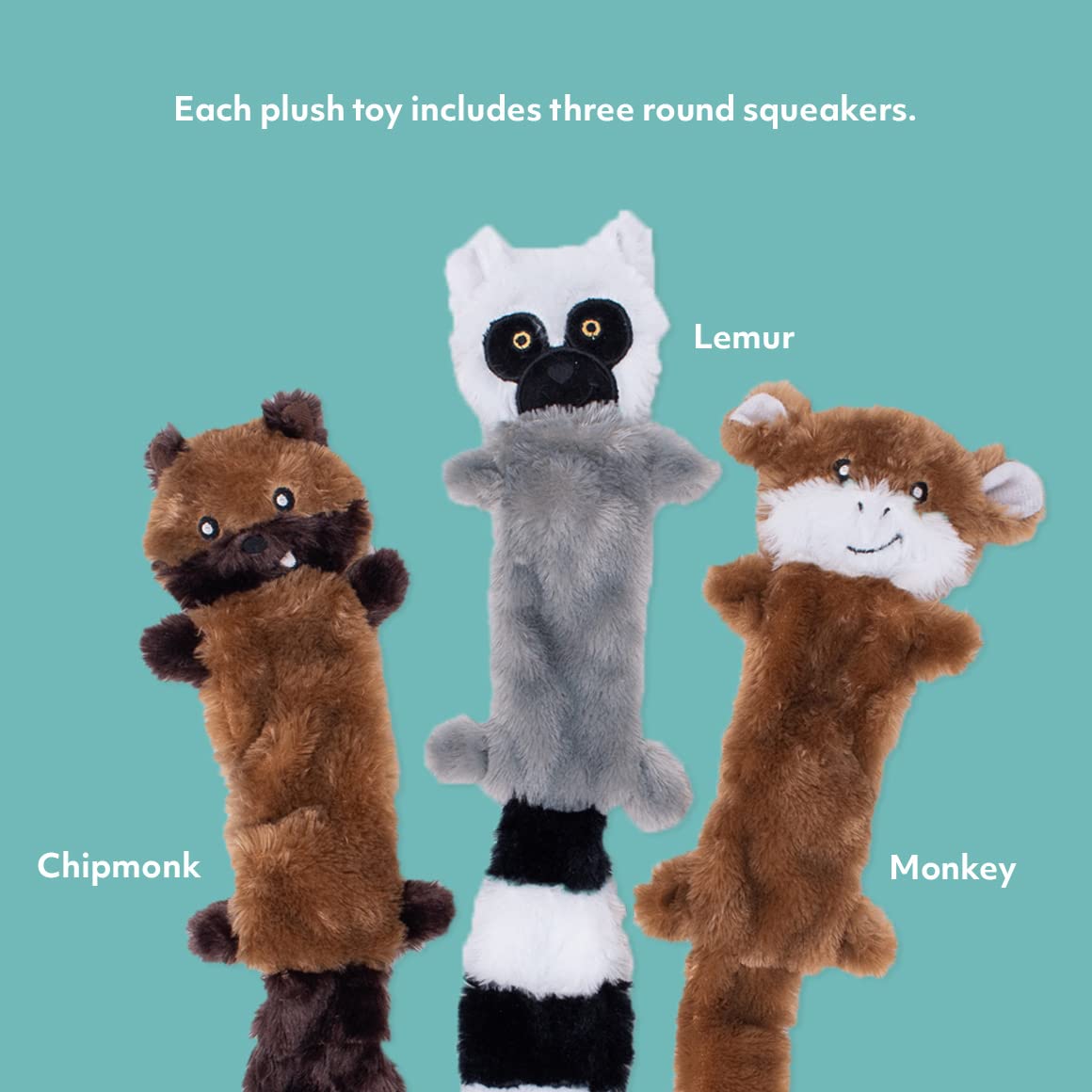 ZippyPaws Skinny Peltz - Chipmunk, Lemur, Monkey - No Stuffing Squeaky Dog Toys, Unstuffed Chew Toy for Small & Medium Breeds, B