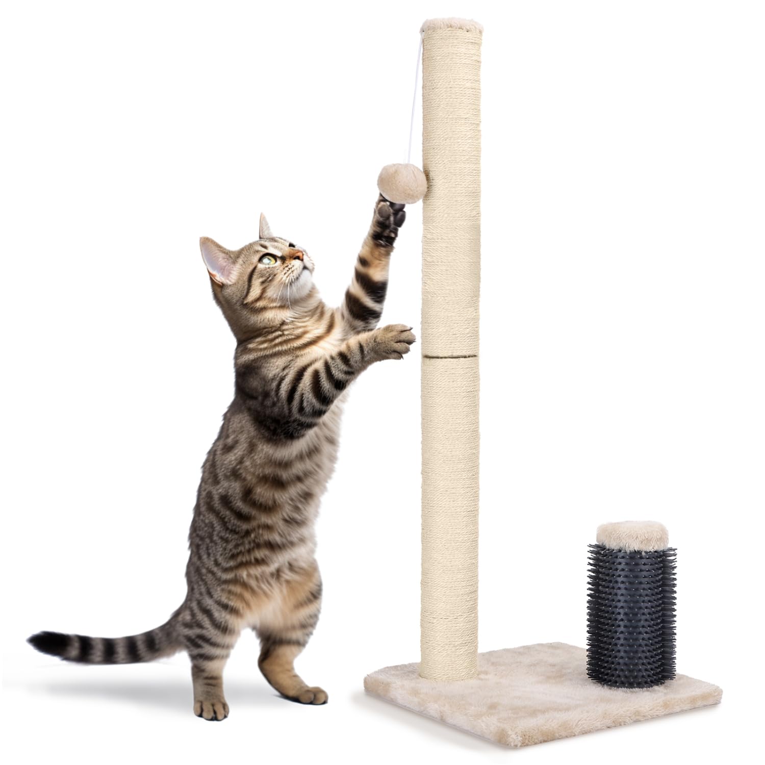 Nobleza 32    Tall Cat Scratch Post With Self Massage Brush, Natural Sisal Rope Cat Scratching Post For Indoor Cats, Stable Cat 