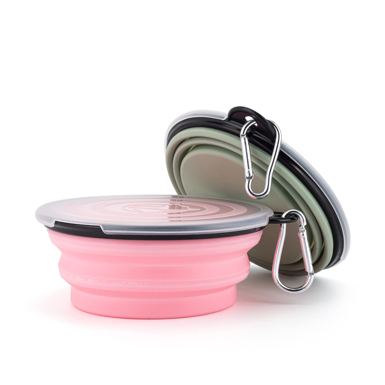 Slson Collapsible Pet Feeder, 2 Pack Dog Bowls With Cover Lids, Portable Foldable Cat Water Dish Bowl For Pets, Small, Fairy Pink And Sprout Green