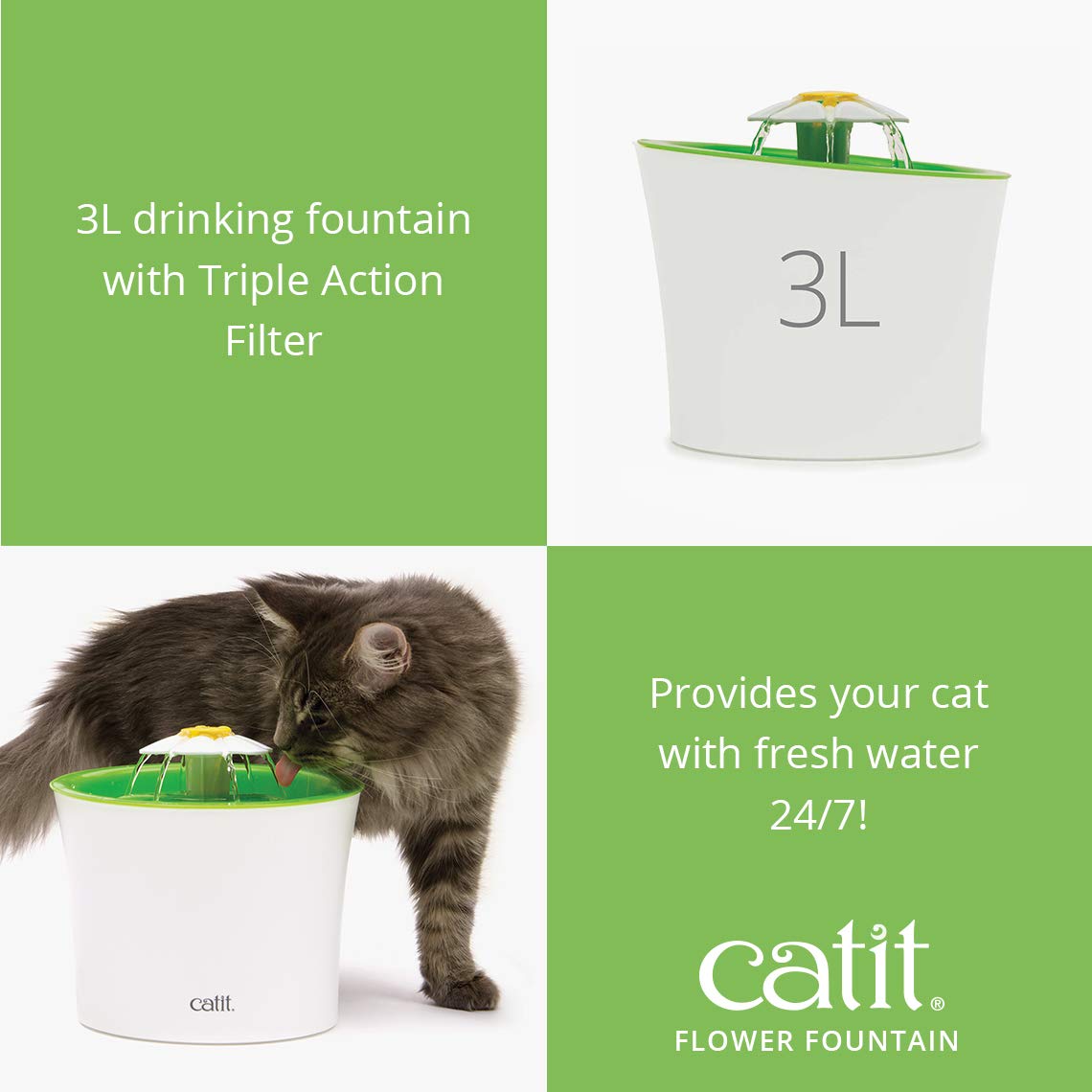 Catit Flower Fountain With Triple Action Filter, Cat Drinking Water Fountain, 3 L, Green