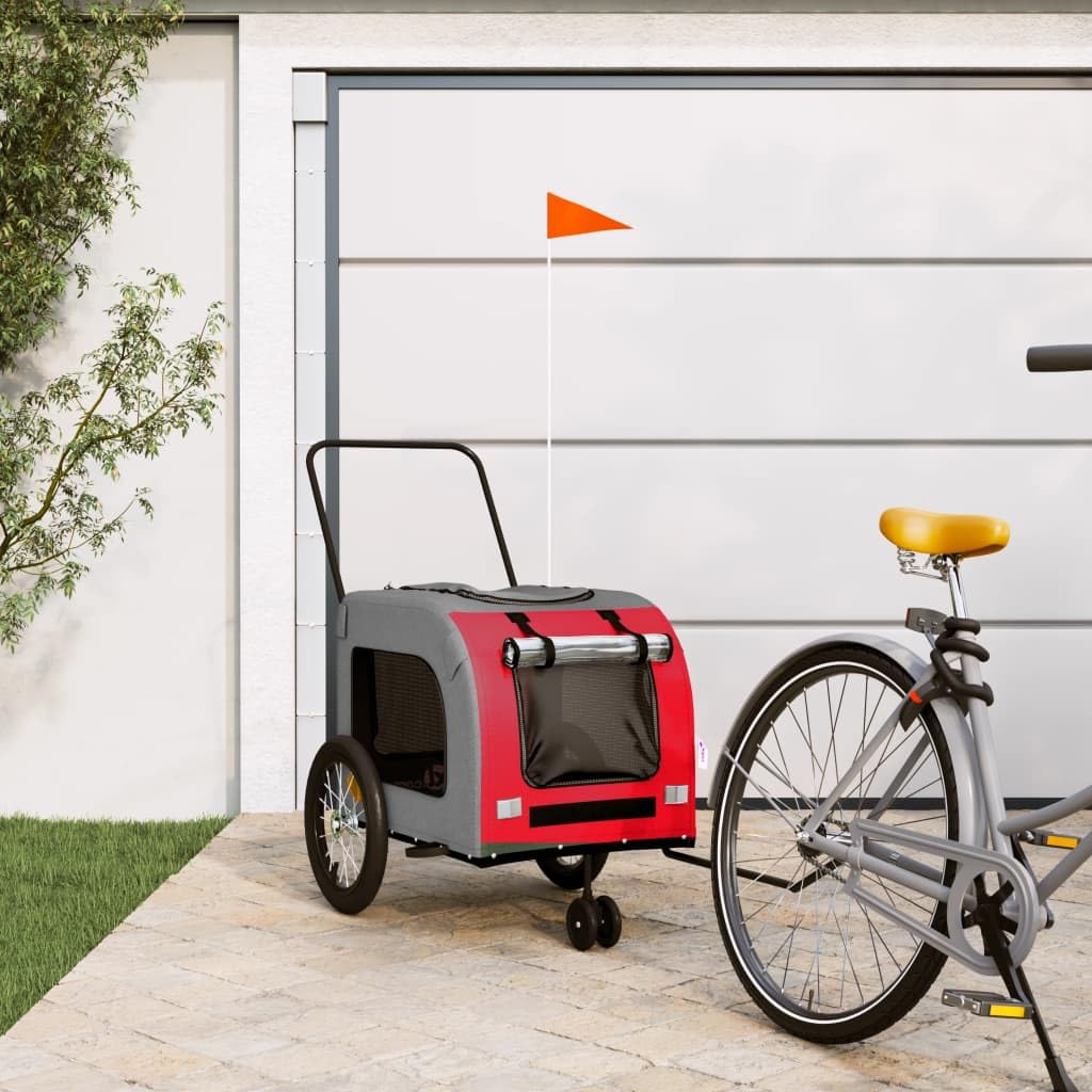 vidaXL Pet Bike Trailer Red/Gray - Oxford Fabric & Iron - 24.8 x 47.6 x 25.6 in - Mesh Windows, Reflectors, Safety Flag - Max Load 99 lbs