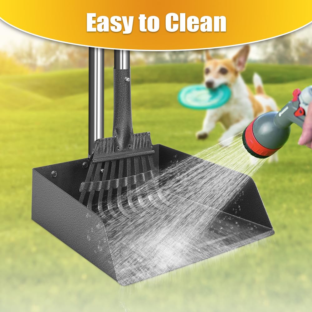 Tooge Larger Pooper Scooper, Dog Pooper Scooper For Large Medium Small Dogs Heavy Duty Long Handle Metal Tray Rake Shovel Set Fo