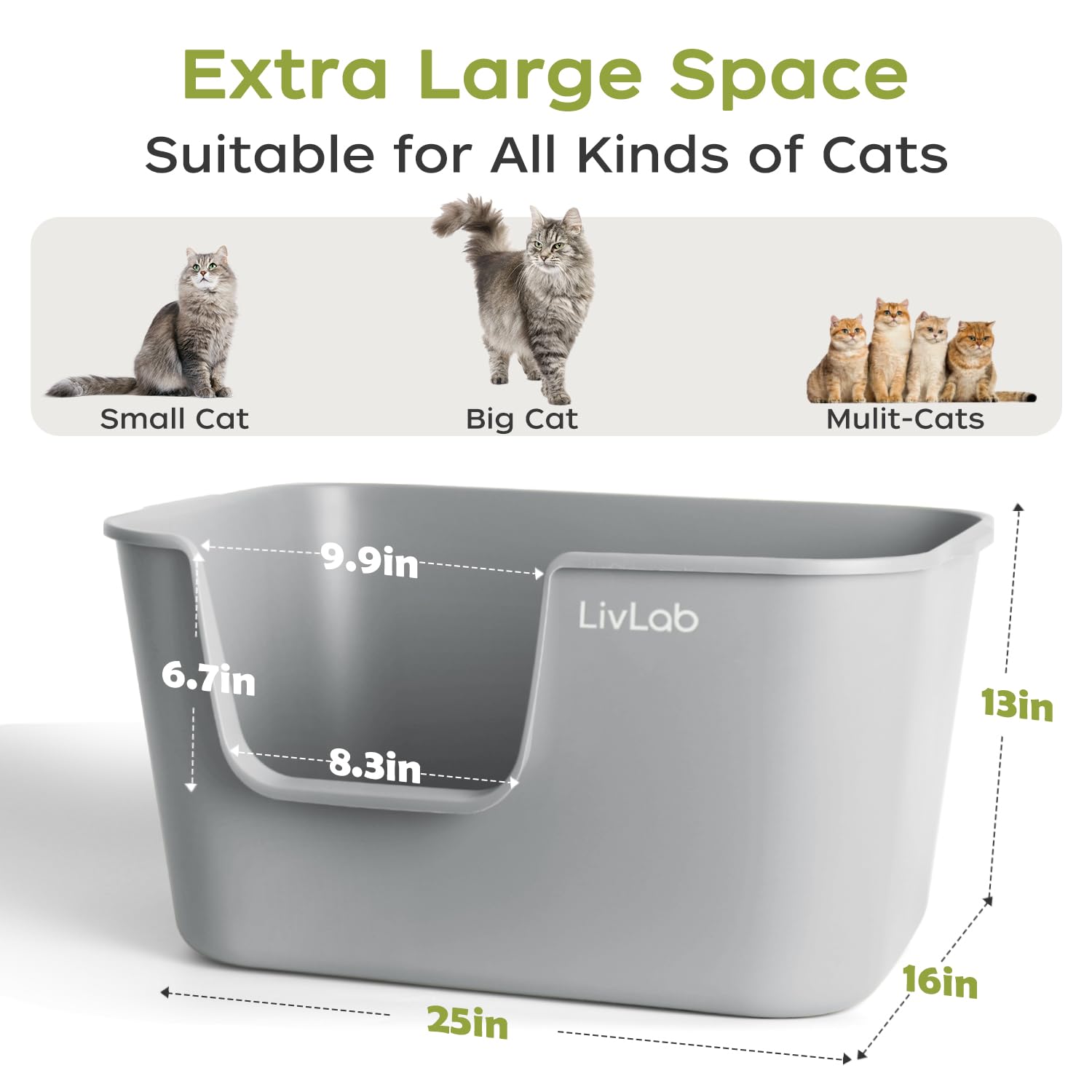 LivLab Mker Extra Large Cat Litter Box - 25 Lx16 Wx13 H Open Top High Sided Pan, XL for Big Cats, high Wall Jumbo Litter Box, An