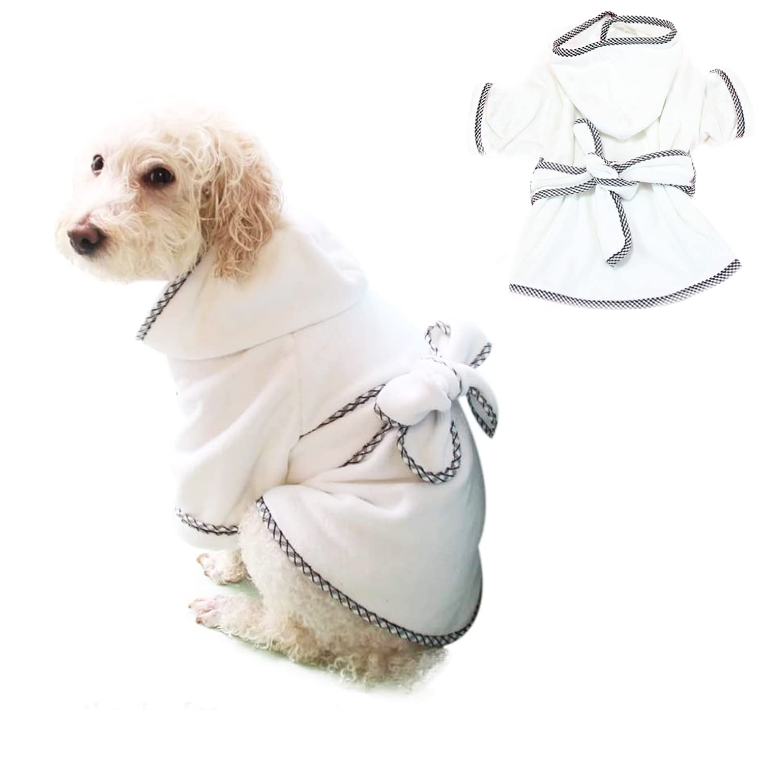 Dog Bathrobe, Microfiber Fast Drying Absorbent Hooded Bath Towel White For Puppy Small Medium Large Dog Cat (S, White)