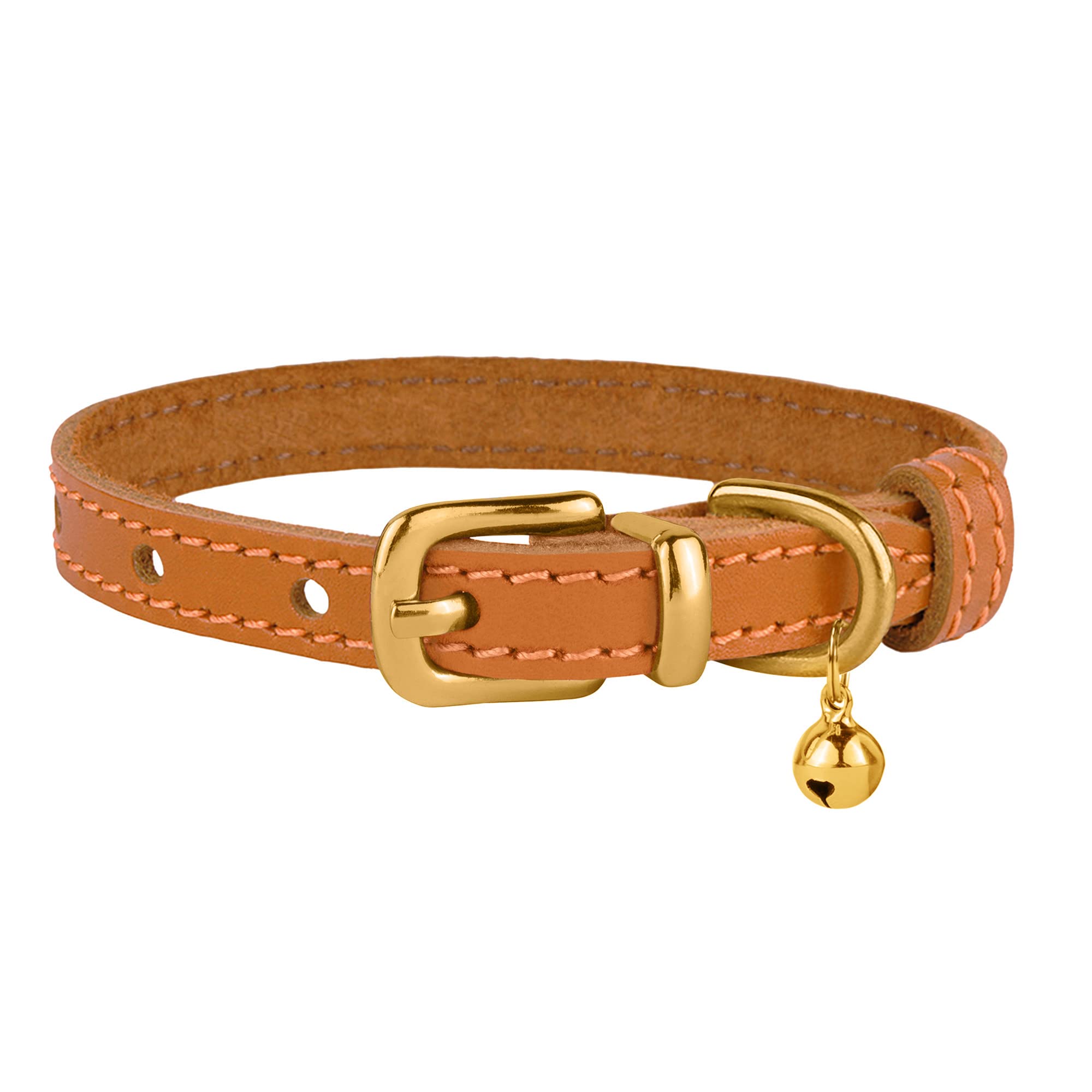 Bronzedog Leather Cat Collar With Bell Non Breakaway Kitten Qr Tag For Girl Boy (9'' - 11'' Cats/Mini Dogs, Light Brown & Gold)