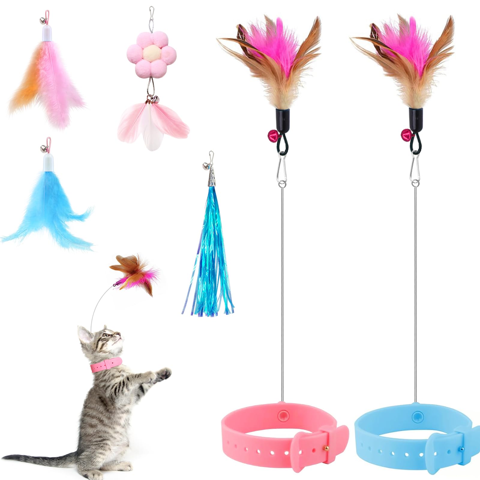 Otunrues Cat Feather Collar Toys 2 Pcs Interactive Toys For Indoor Cats Teasing Wand Collar Funny Toy With Bell And Replaceable 