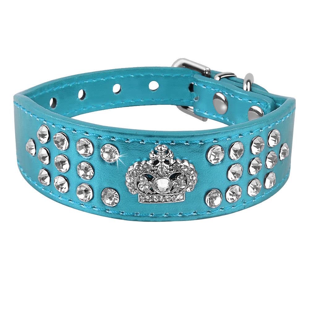Rhinestone Dog Collar, Crown Rhinestone Diamante Jewelry Crystal Adjustable Pu Leather Pet Dog Cat Puppy Collar (M:10-12.5', Bl