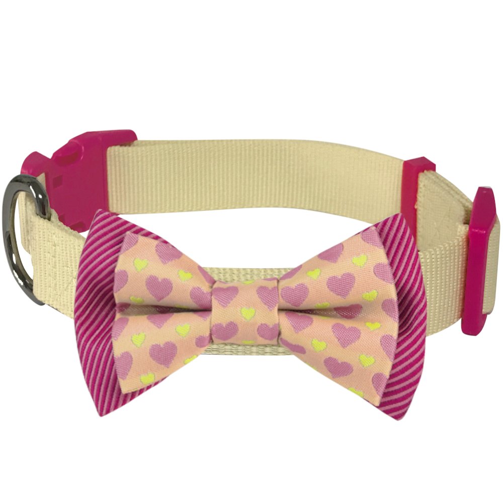 Blueberry Pet 4 Patterns Heart And Stripe Handmade Detachable Bow Tie Adjustable Dog Collar In Fresh Cream, Small, Neck 12'-16'