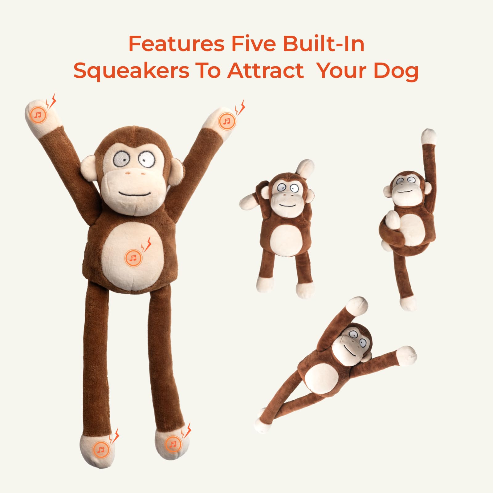 Monkey Squeaky Dog Toys with Crinkle Paper Stuffed Durable Tug of War Plush Cute Puppy Toys to Keep Them Busy for Small Medium L
