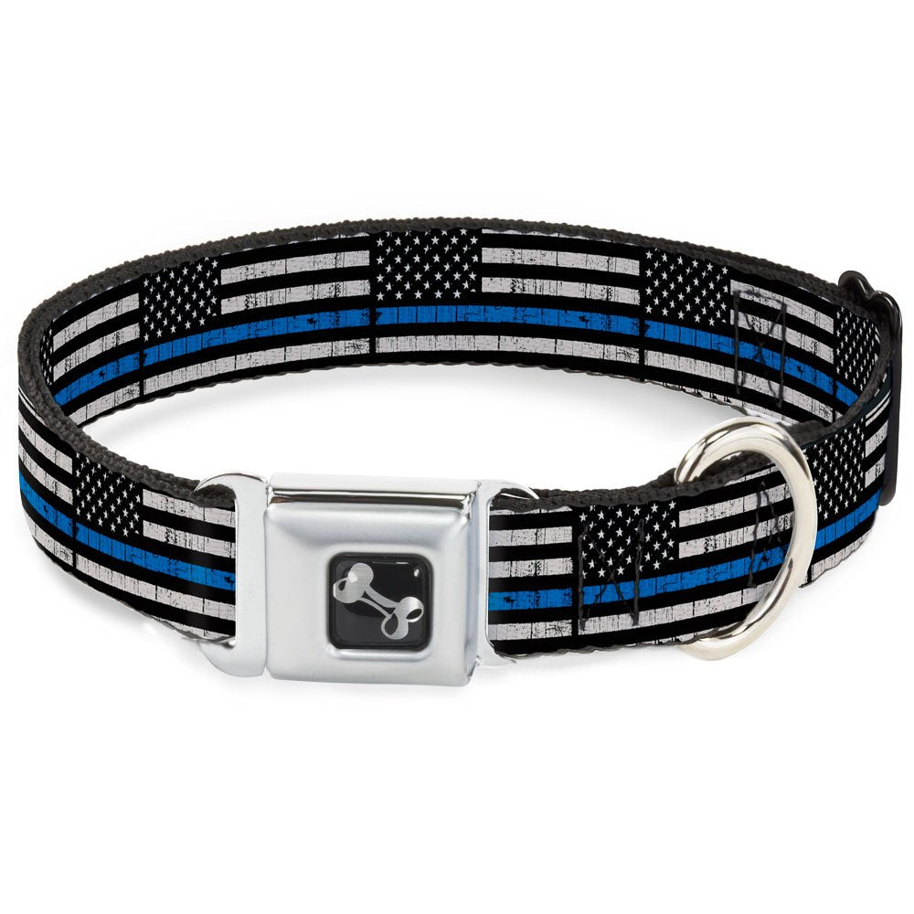 Dog Collar Seatbelt Buckle Thin Blue Line Flag Weathered Black Gray Blue 18 To 32 Inches 1.5 Inch Wide