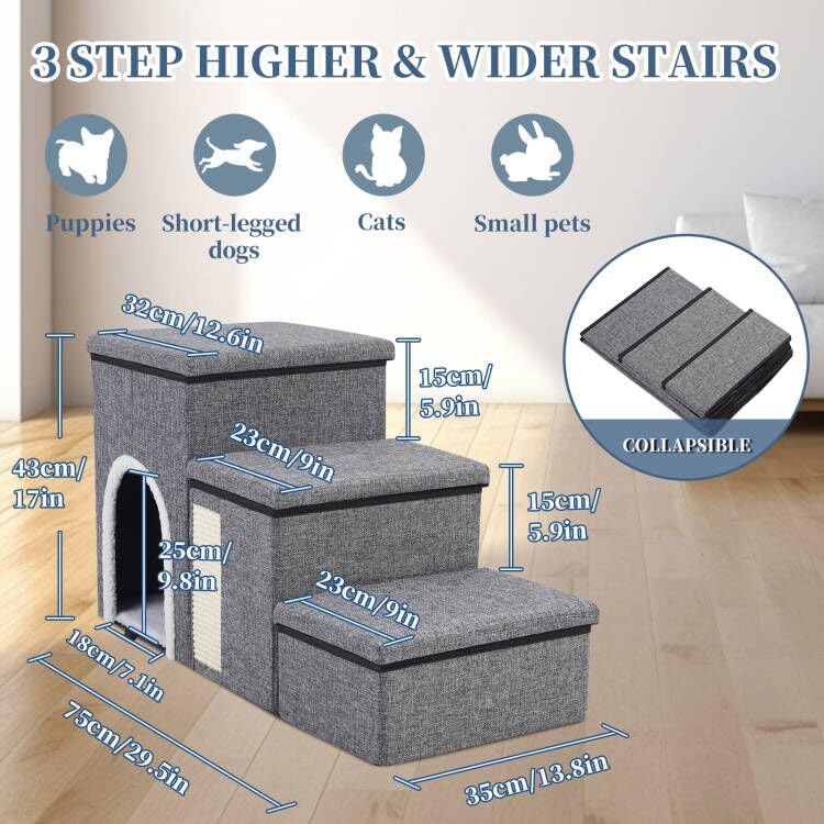 Dog Stairs For High Bed And Couch, 4 In 1 Foldable Pet Stairs For Cats & Small And Medium Dogs, Adjustable Dog Steps With Pet Cl