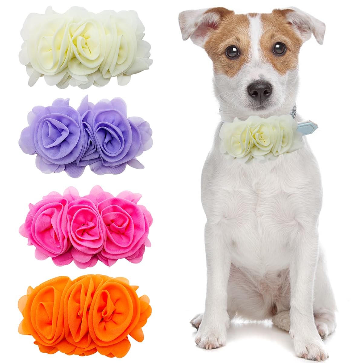 JpGdn 4PCS/Pack Dog Collar Flowers Accessory Large Bows Attachment 4.9Inch Organge Pink White Purple Color for Small Medium Larg