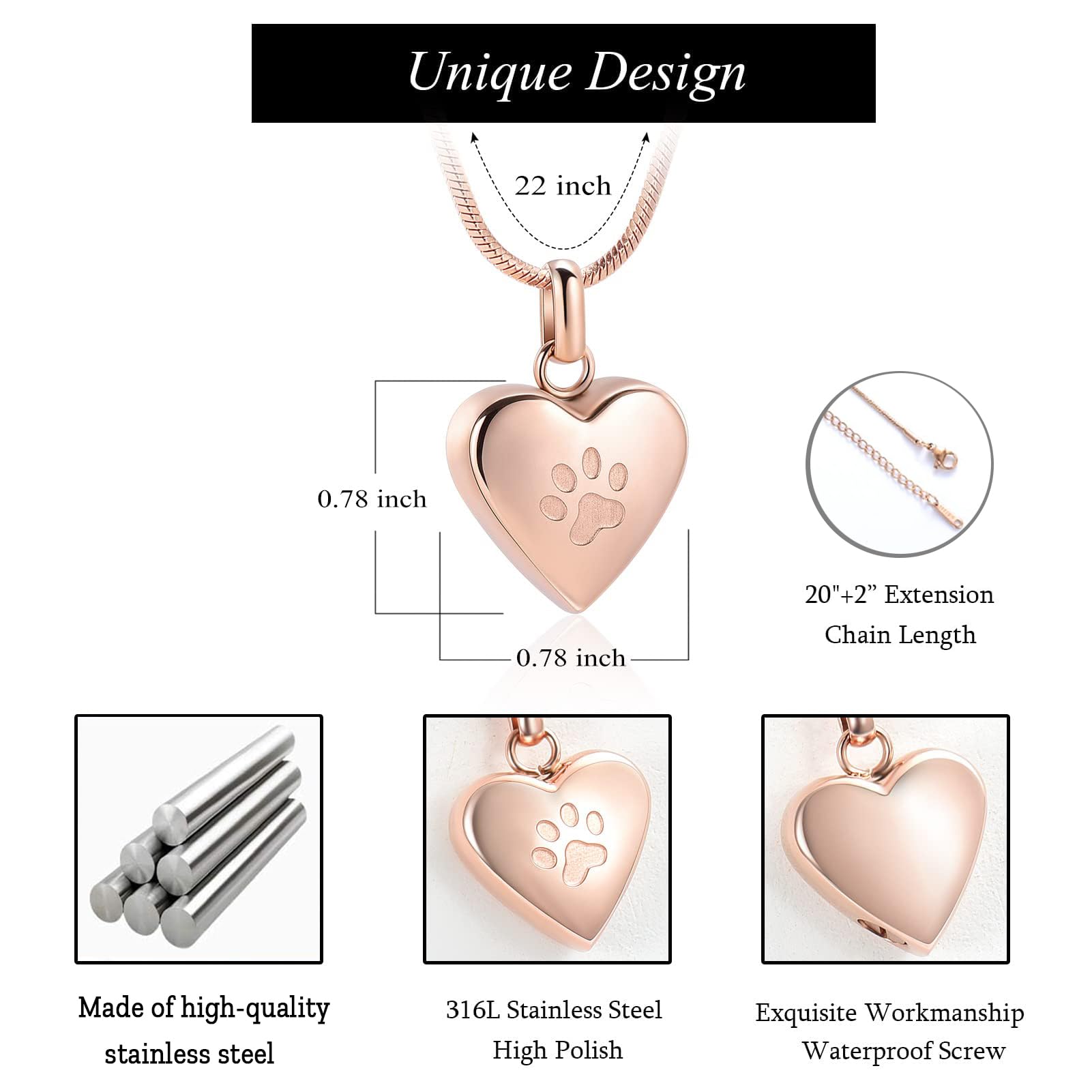 Zeqingjw Pet Cremation Jewelry For Ashes Pendant Paw Print Pet Heart Urn Necklace Memorial Keepsake Jewelry For Pet/Dog'S/Cat'S Ashes (Rose Gold)