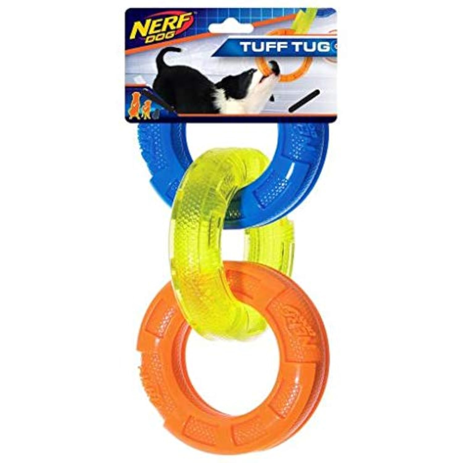 Nerf Dog 7.5In Rubber 3-Ring Tug Dog Toy, Lightweight, Durable And Water Resistant Dog Toy For Small Dogs, Single Unit, Blue/Green/Orange