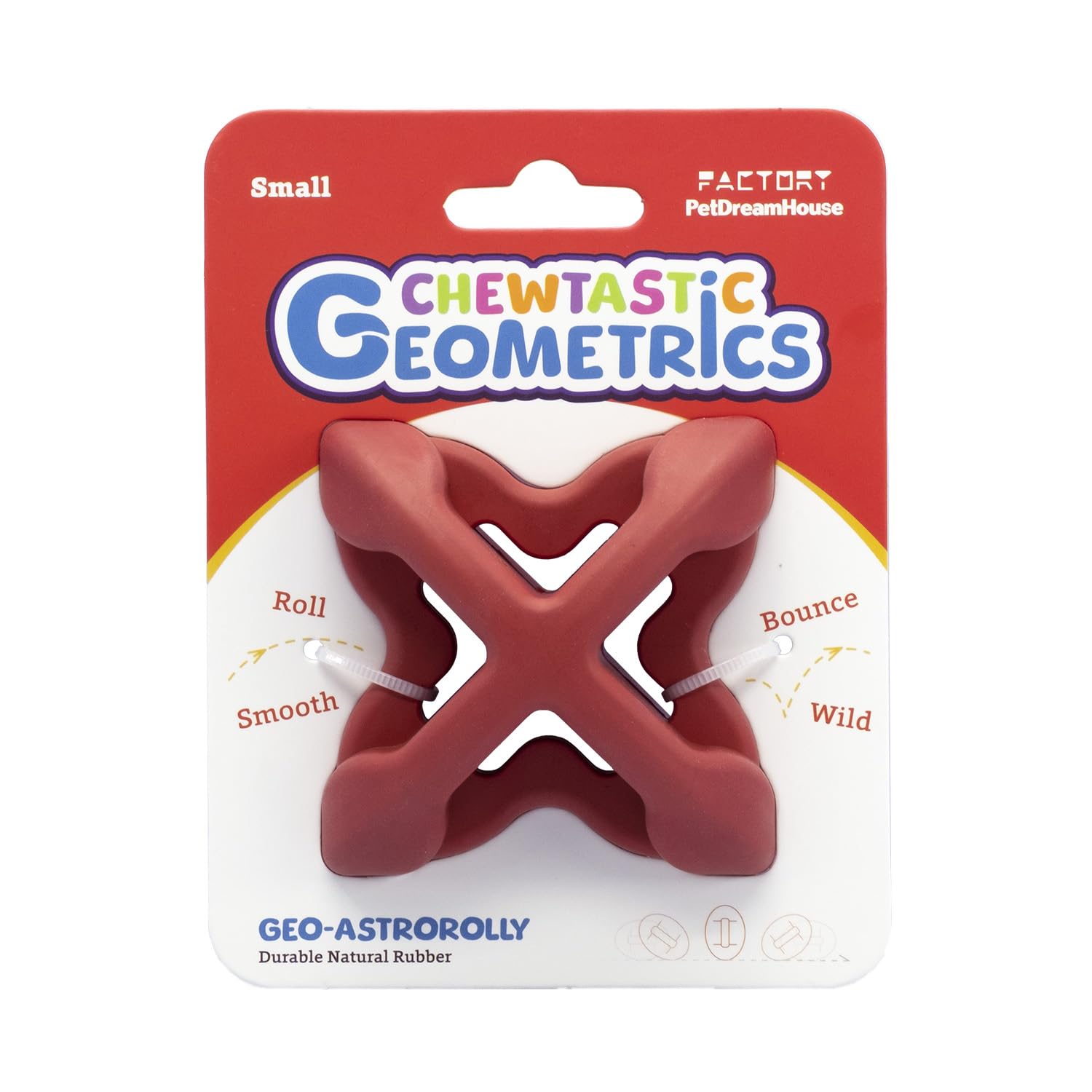 Petdreamhouse Chewtastic Geometrics Natural Rubber Enrichment Dog Toy Geo-Astrorolly Red, Engaging Rolling And Unpredictable Bou