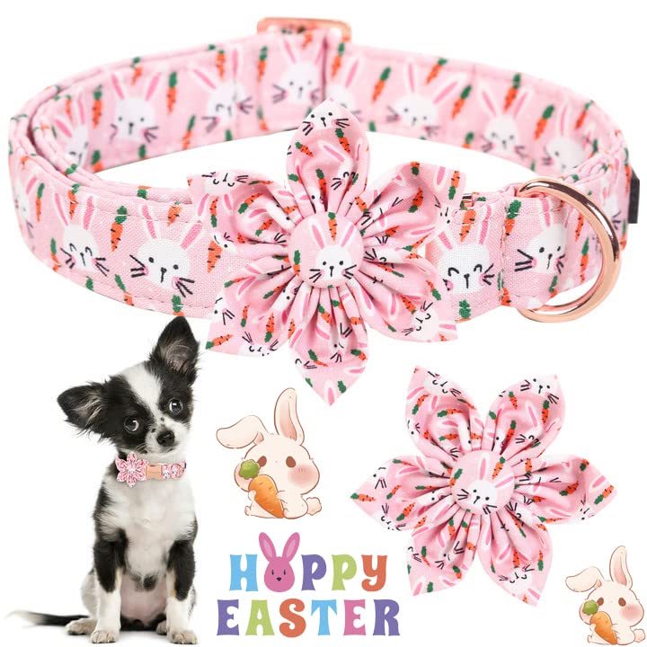 Aring Pet Easter Dog Collar-Cute Rabbit Dog Collar With Flower, Cotton Adjustable Carrots Dog Collars With Metal Buckle For Small Medium Large Dogs