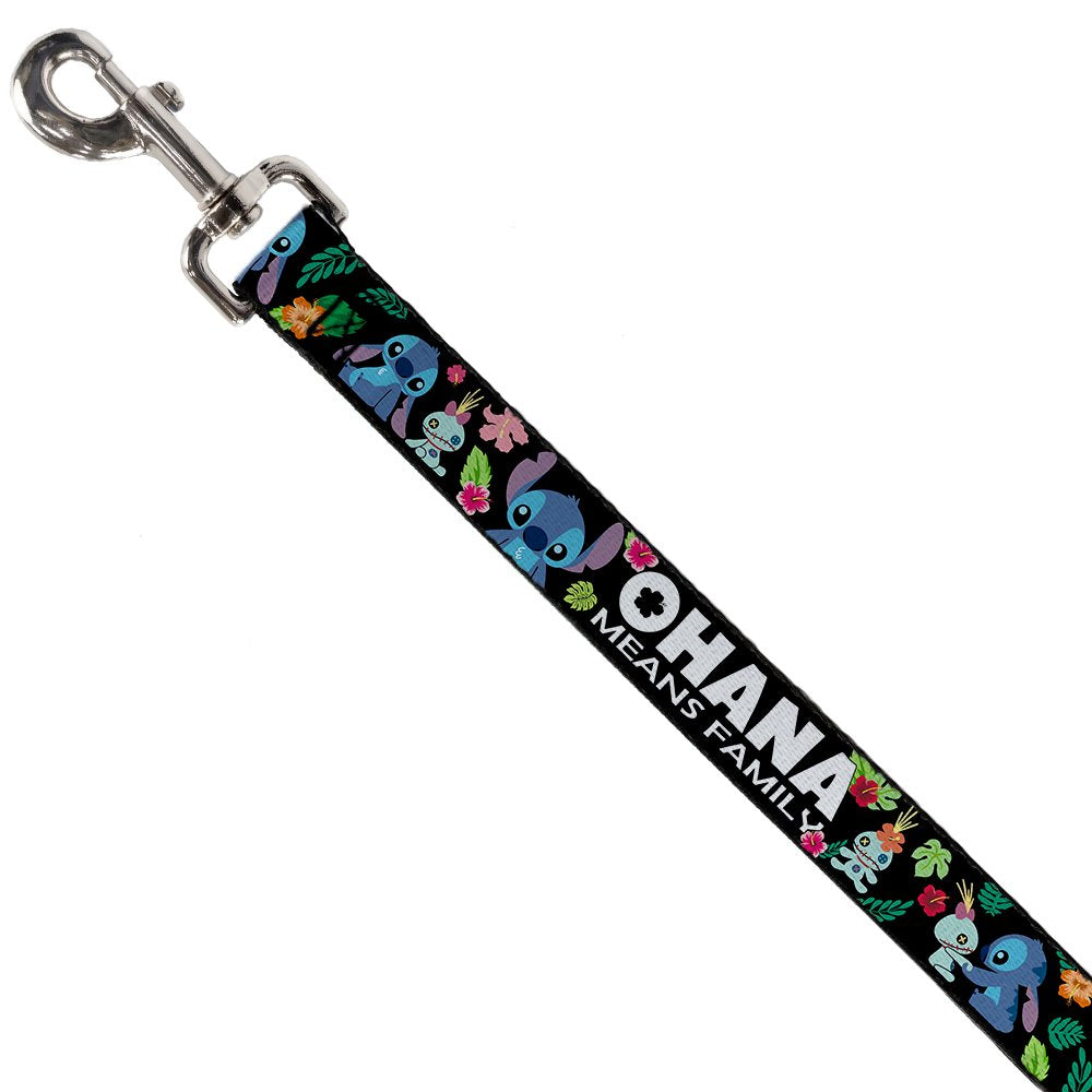 Dog Leash Ohana Means Family Stitch Scrump Poses Tropical Flora Black 6 Feet Long 1.0 Inch Wide