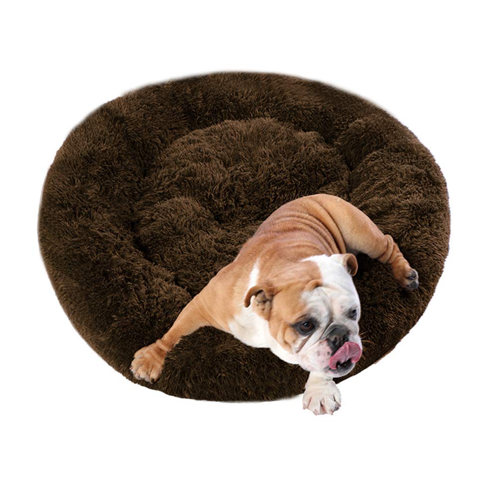 Bodiseint Faux Fur Dog Bed, Shag Round Anti-Anxiety Pet Calming Doughnut Cuddler For Medium Large Puppy Dog Cat Kennel Cushion S