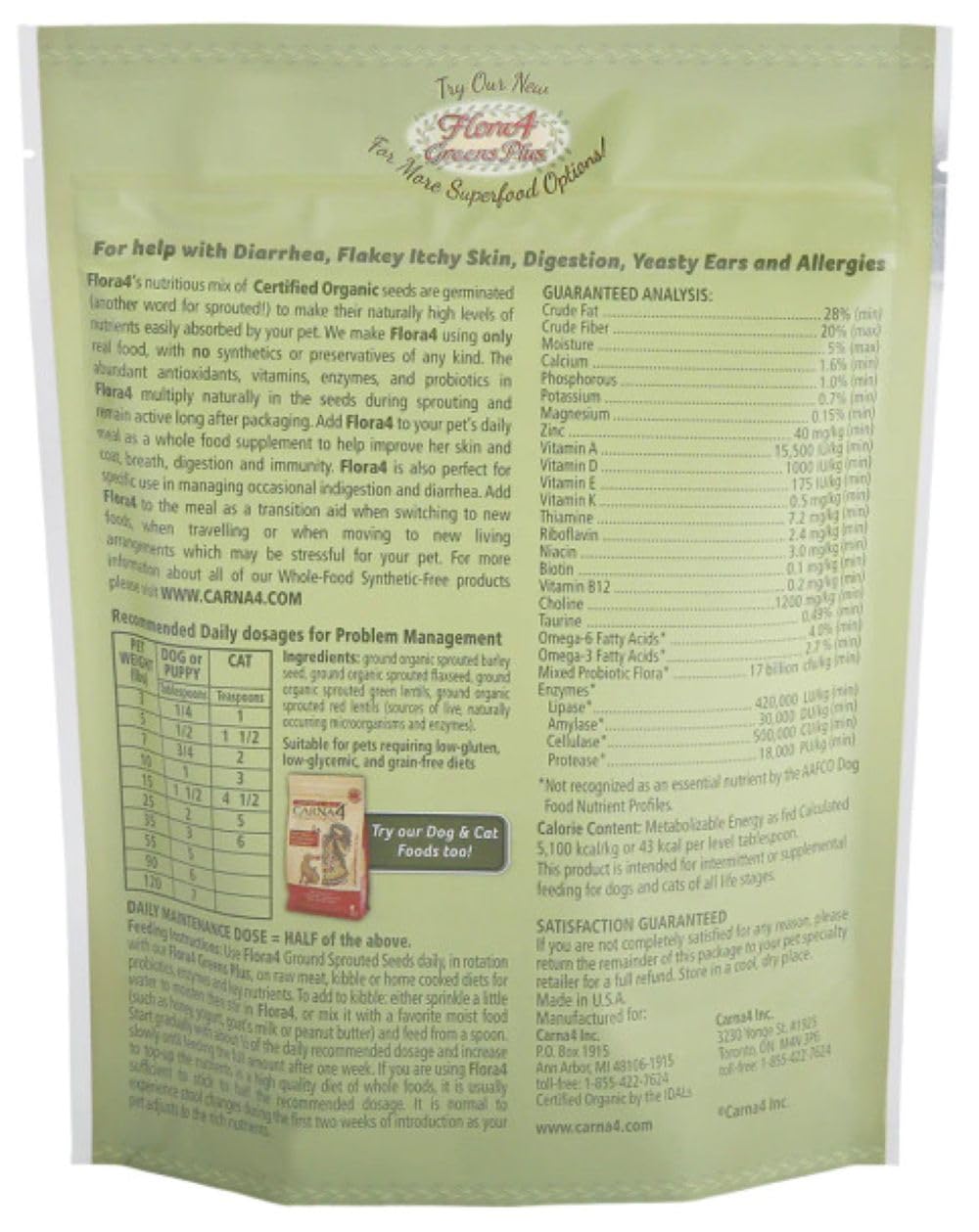 Carna4 Flora4 Ground Sprouted Seeds Food Topper for Dogs & Cats