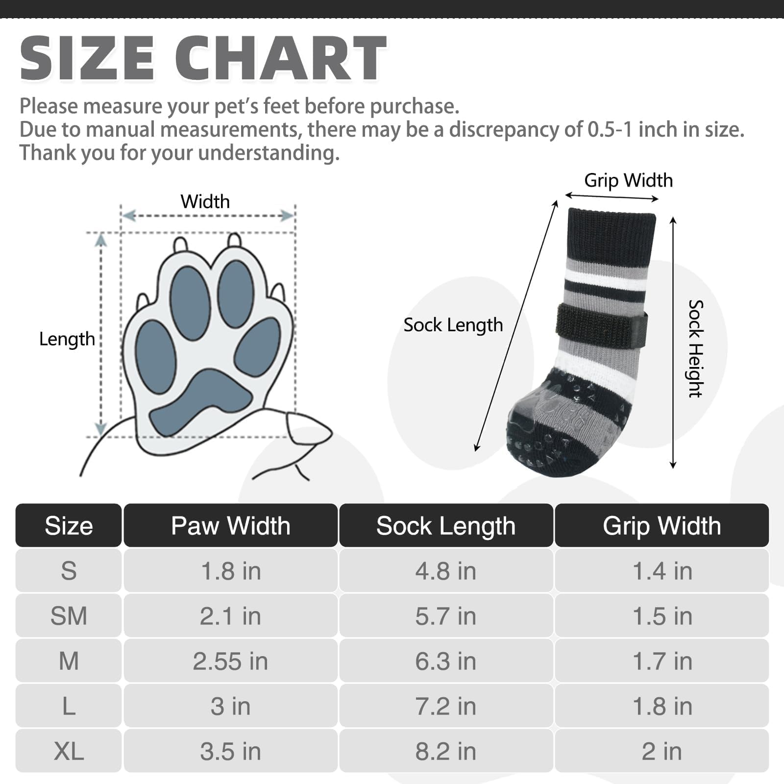 KOOLTAIL Anti Slip Dog Socks for Cold Snow Pavement to Prevent Licking Paws with Grippers, 3 Pairs Paw Protector, Double Sides S