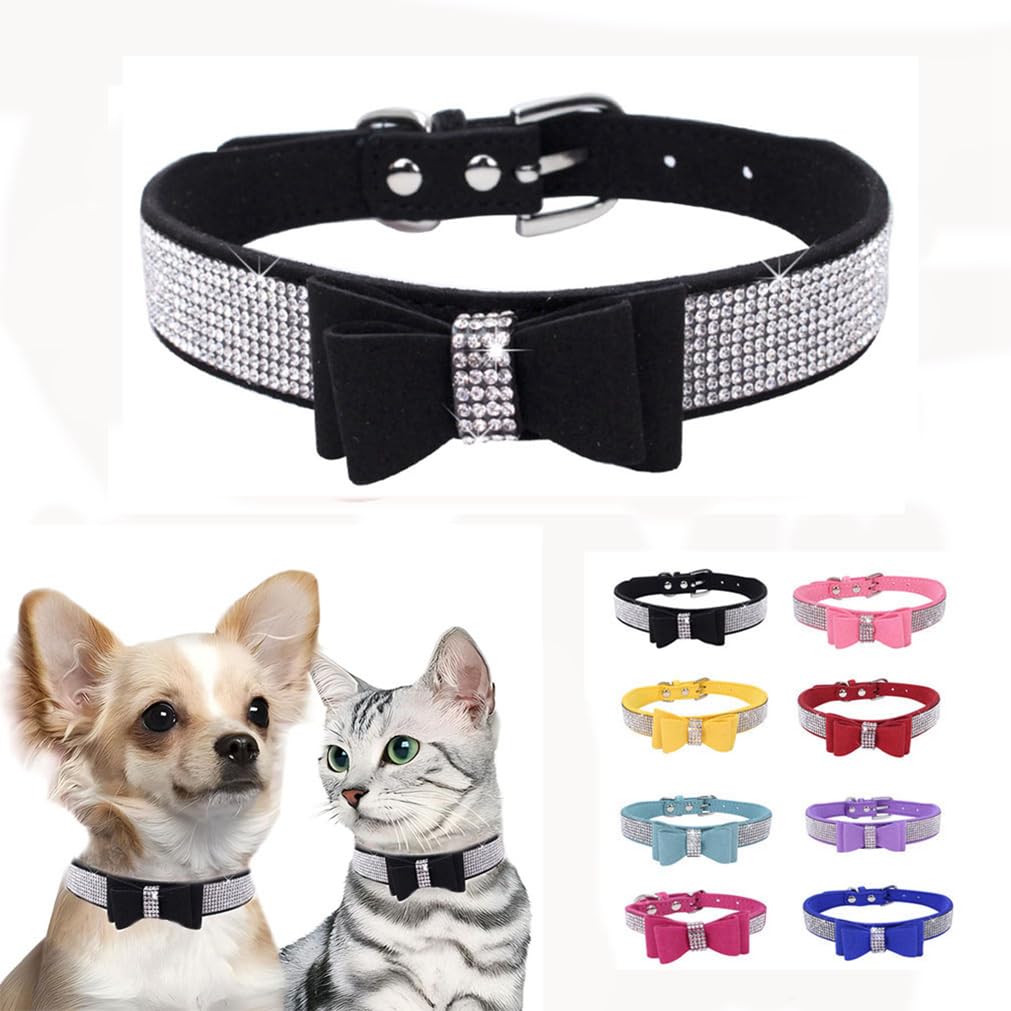 Rhinestone Dog Collar,Fancy Soft Diamond With Bow Pet Collor,Bling Crystal Pretty Cute Adjustable For Xxs Xs Small Medium Large 