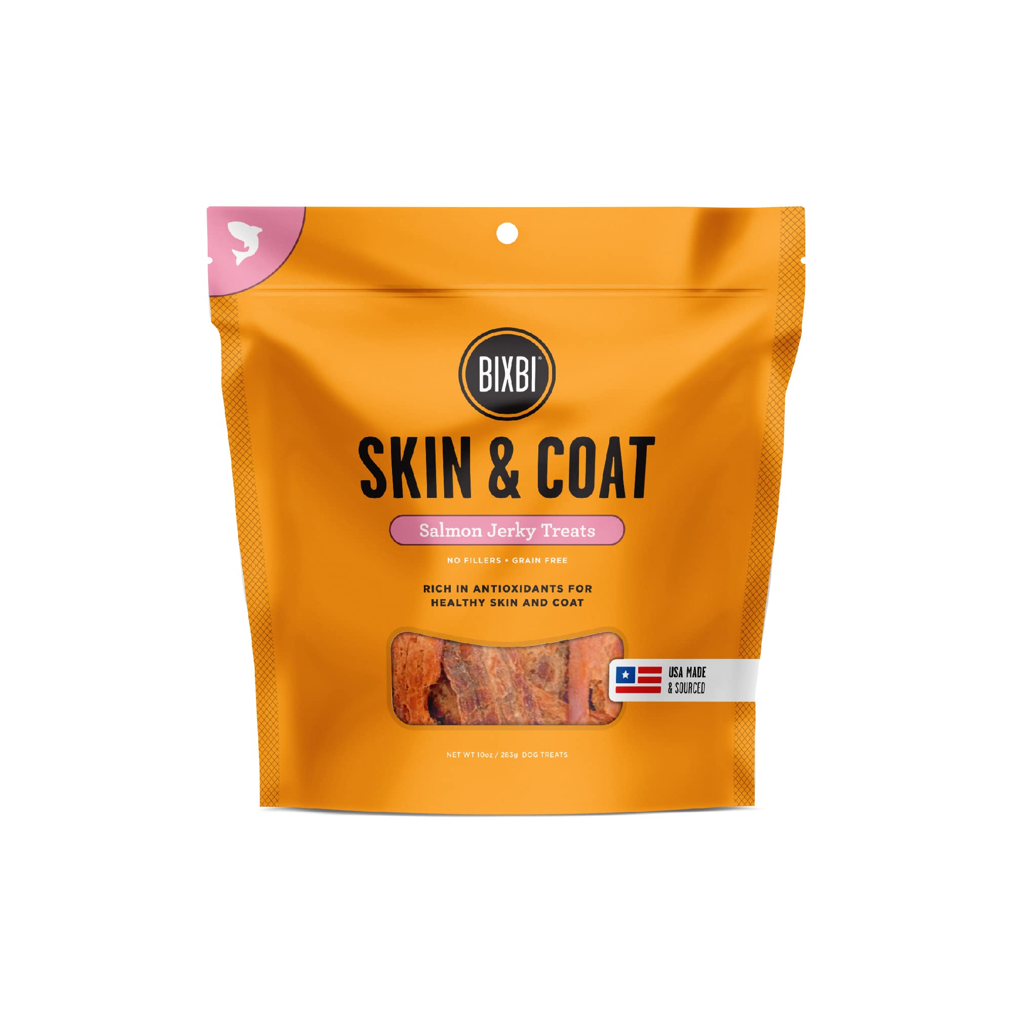BIXBI Skin & Coat Support Salmon Jerky Dog Treats, 10 oz - USA Made Grain Free Dog Treats - Antioxidant Rich to Support Shiny, F