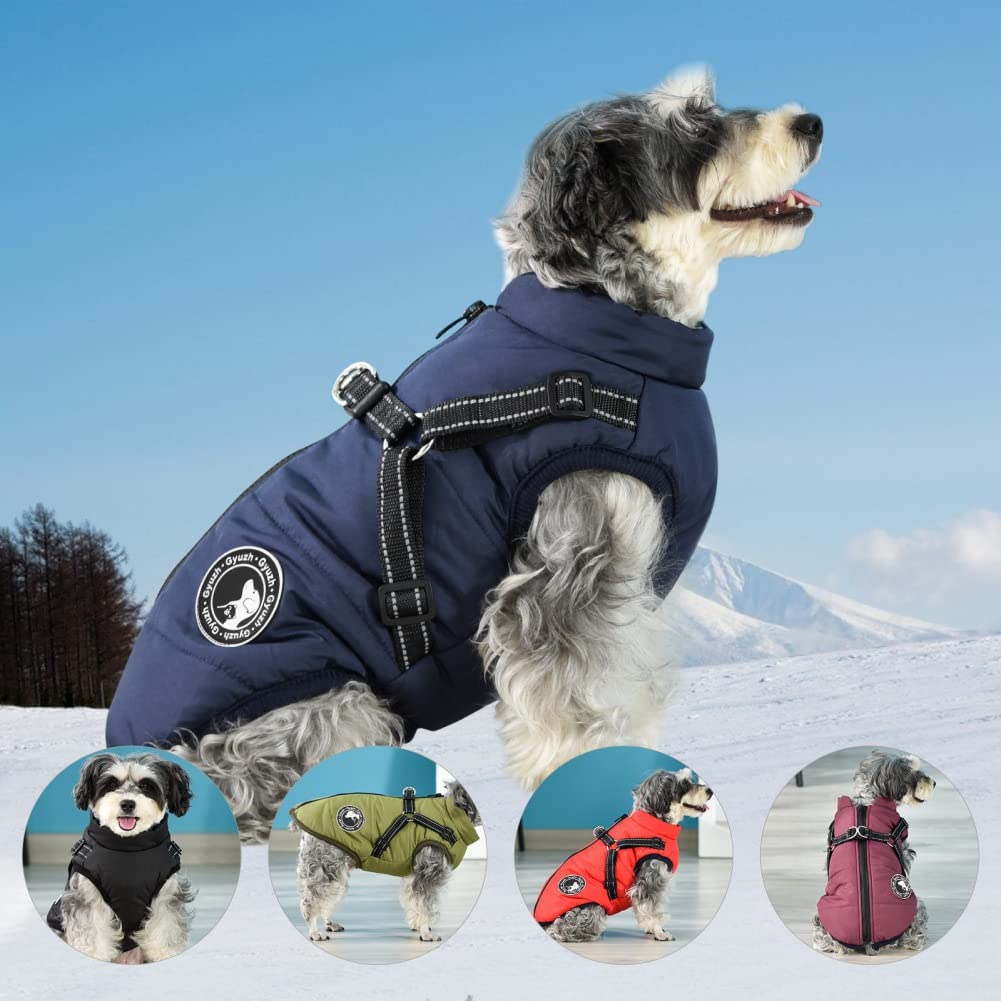 Gyuzh Winter Dog Coat with Harness, Fleece, Waterproof, XXX-Large, Red, Reflective for Small to Large Dogs