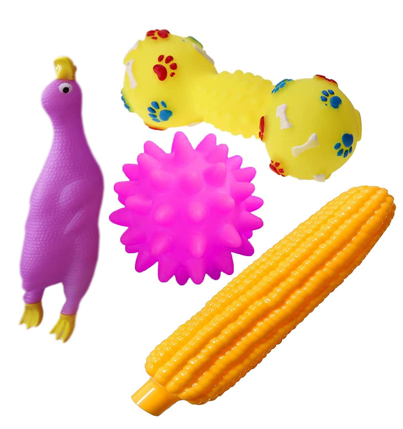 Pet Needs Combo Of 4 Soft Latex Rubber Interactive Squeaky Toys For Small Puppy Pink Chicken, Dumbbell, Corn, Spike Ball